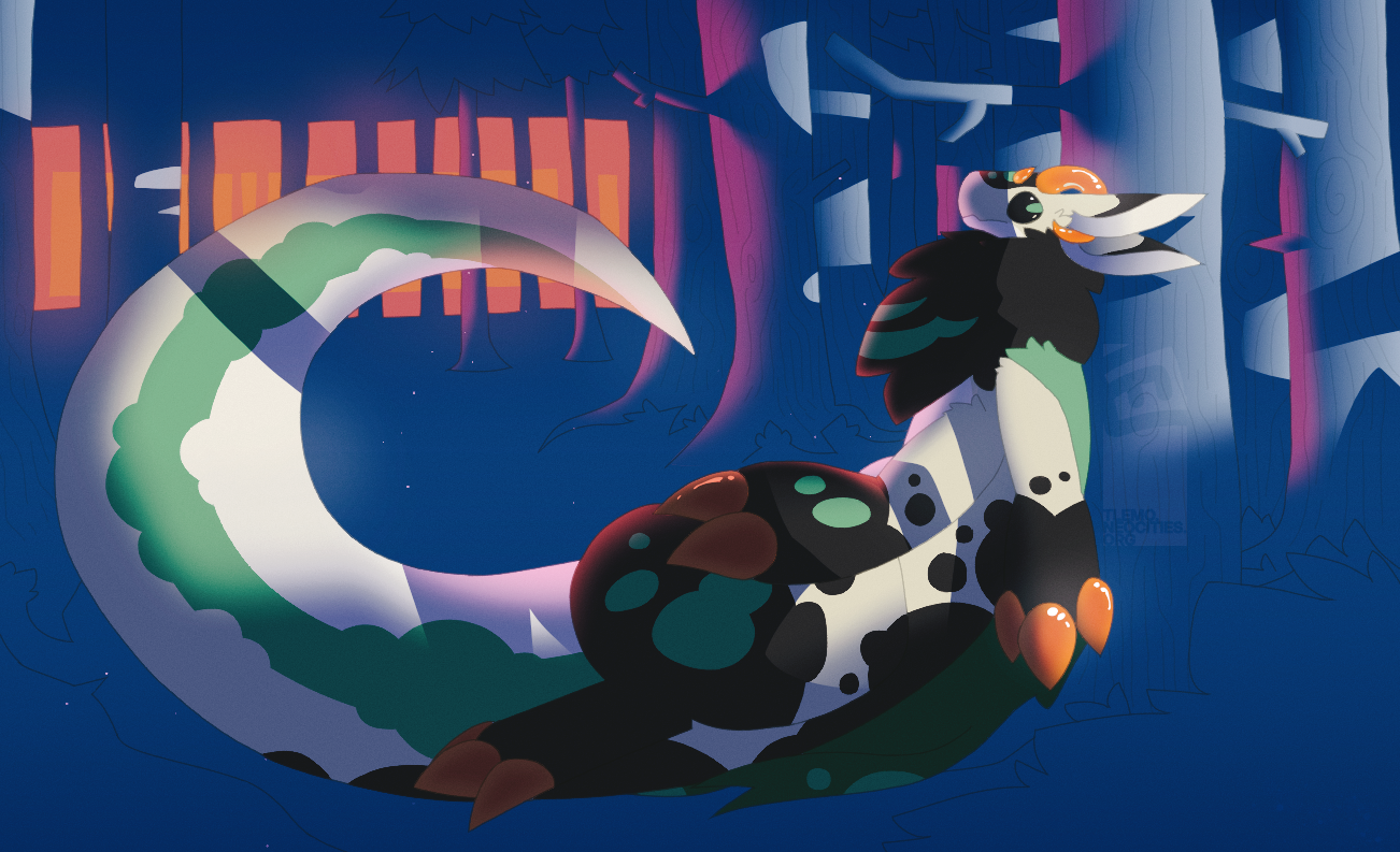Rendered drawing of a cloudbeast resting on a tree in the middle of a forest. Light comes from beside them, and a warm glow comes from deep within the forest.
