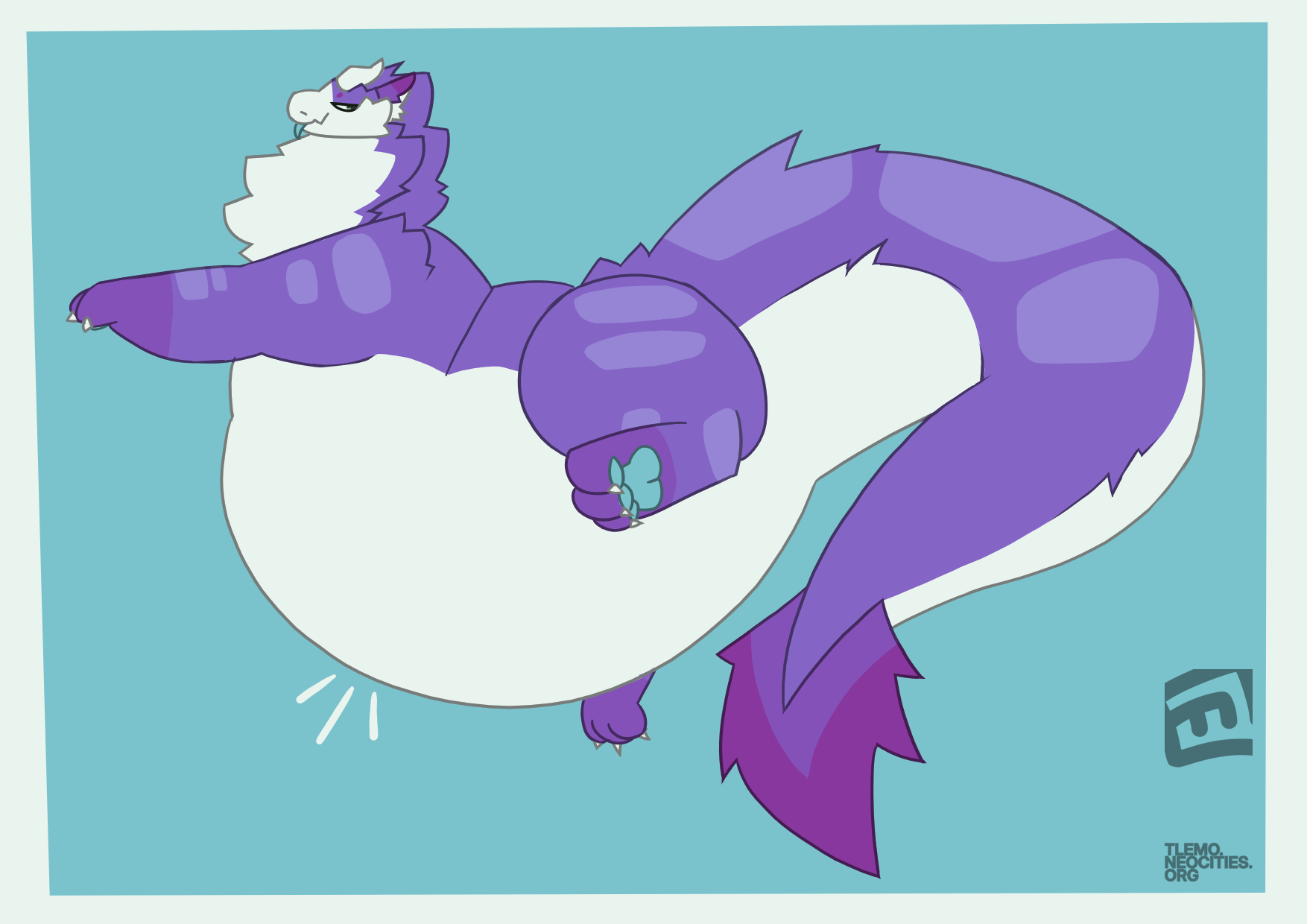 Drawing of a purple furry dragon spreading its belly out towards the bottom of the image.