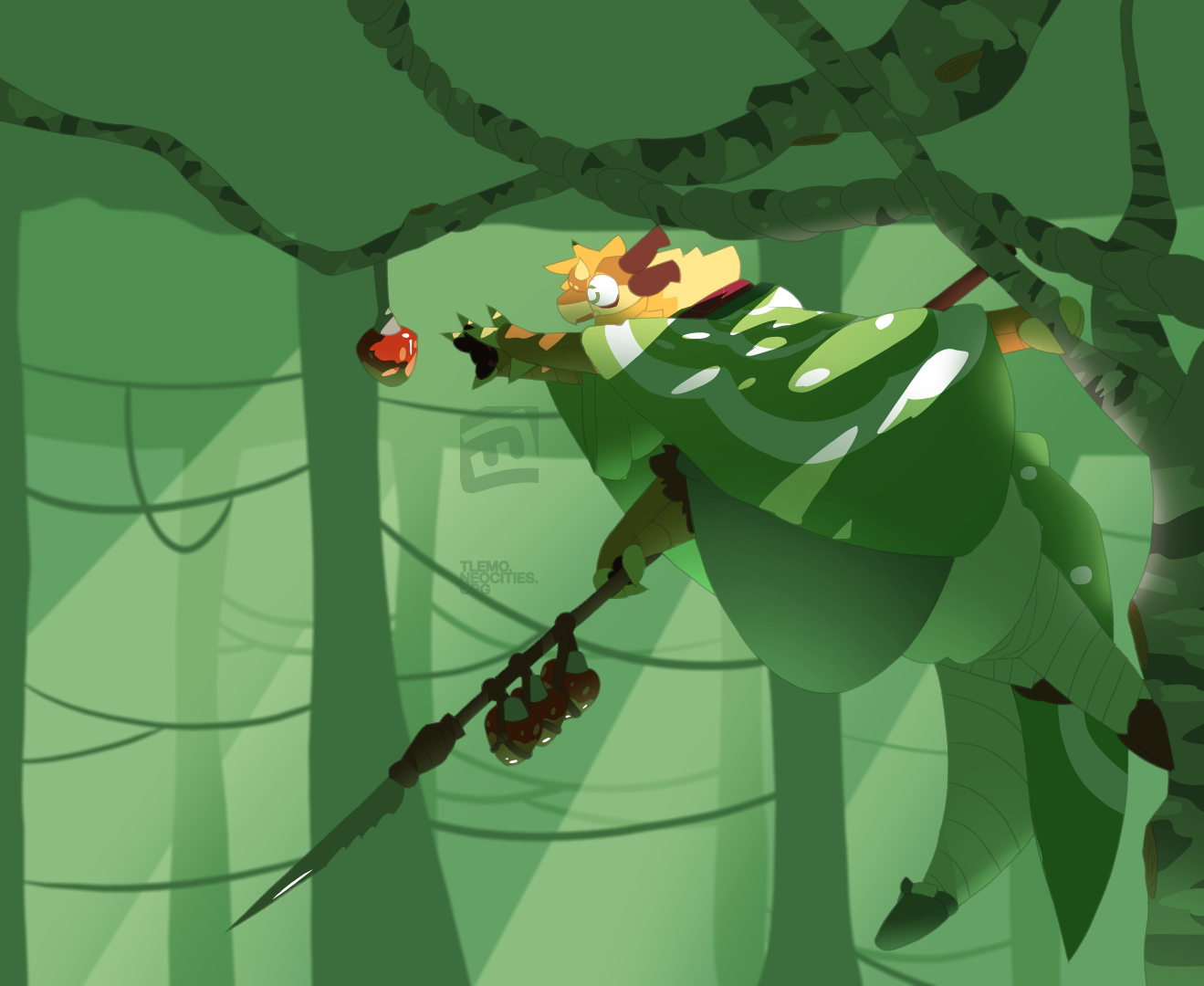 Drawing of a honey-colored female möl (insectoid species) holding a spear and wearing a poncho, hanging from a tree branch while reaching for a fruit in front of her.