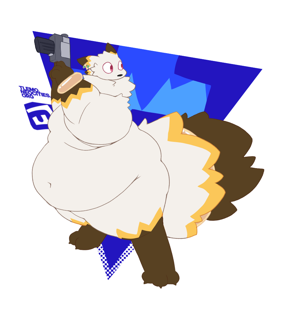 Fat experiment (casualties: unknown) holding a handgun above its shoulders.