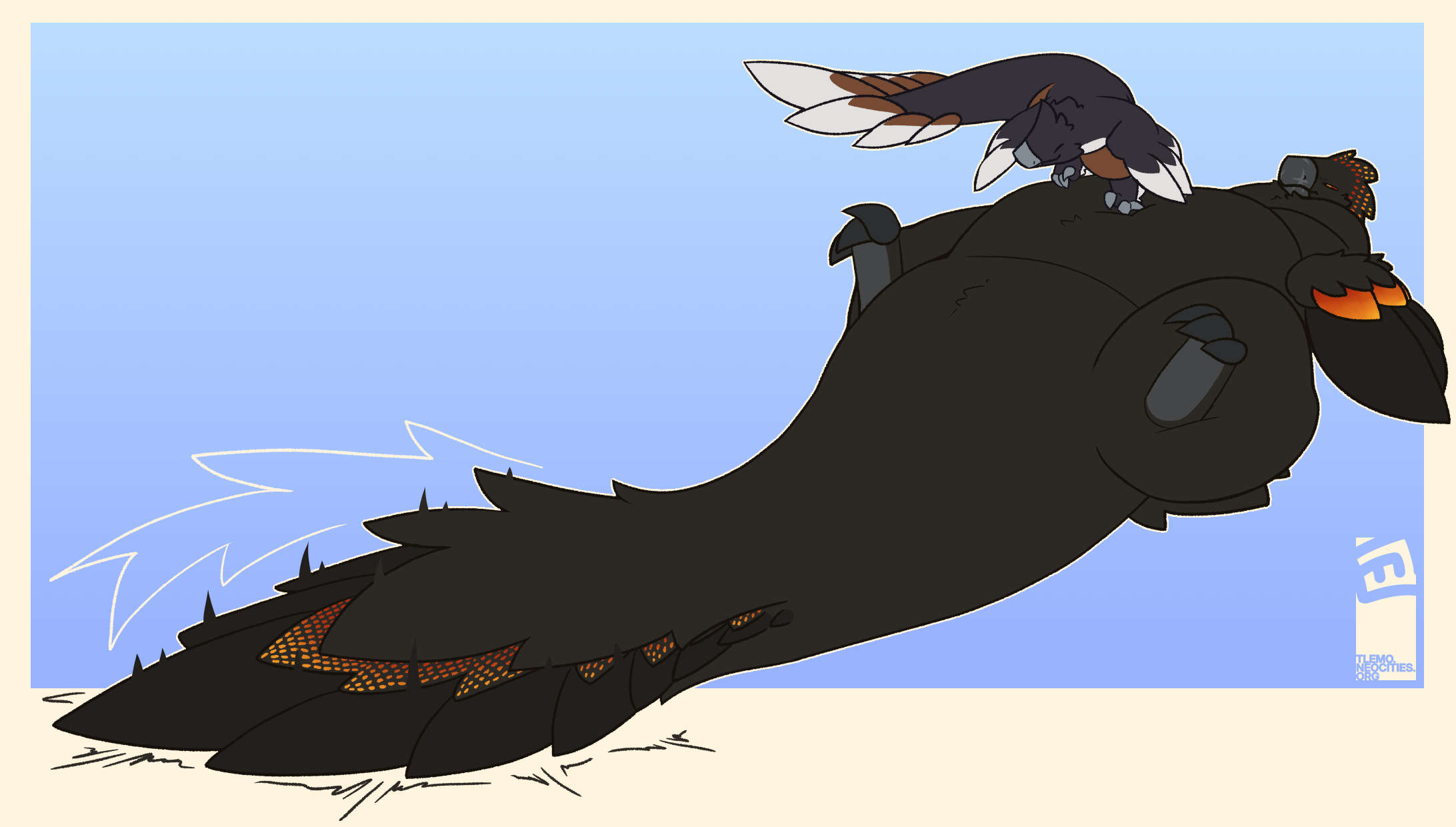 Drawing of a fat utahraptor getting it's stomach gleefully patted down by a smaller changyuraptor's feet, as she tries to rest on top. The utahraptor gives an annoyed glance at the changyuraptor, but his tail is wagging up and down.
