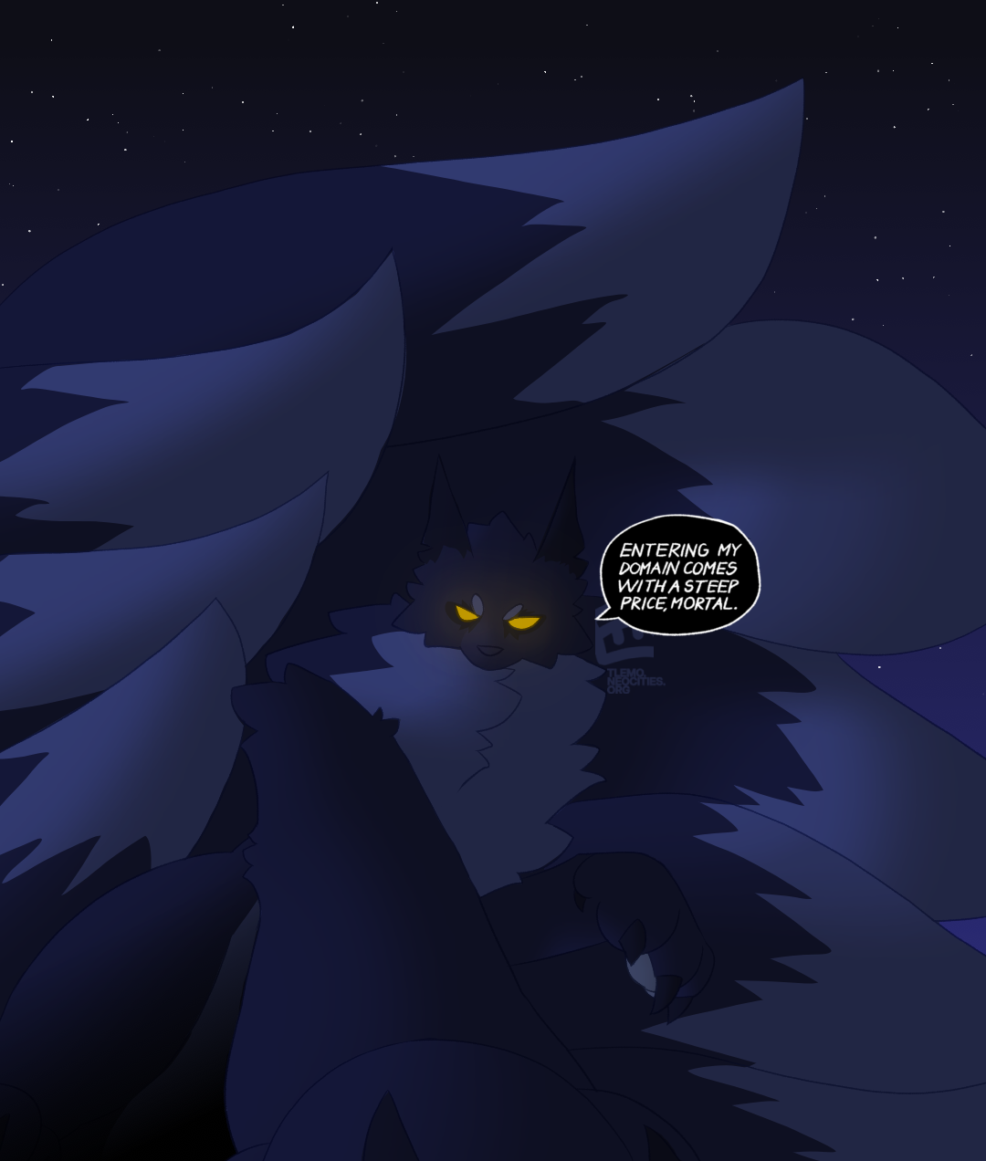 Scene in the middle of the night; a kitsune pins the viewer down. They speak: 