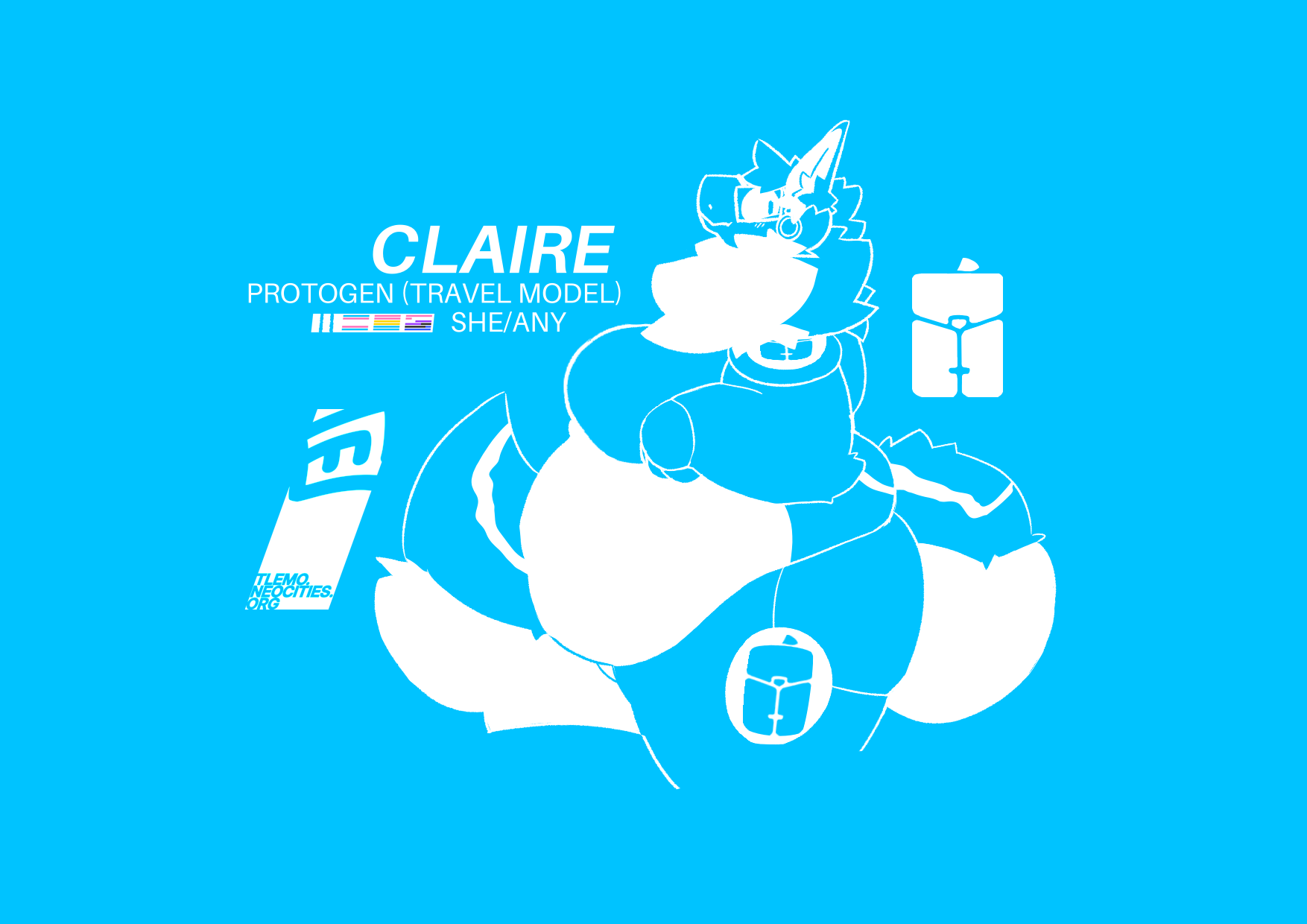 Reference sheet of Claire, a protogen, with a side view of her.