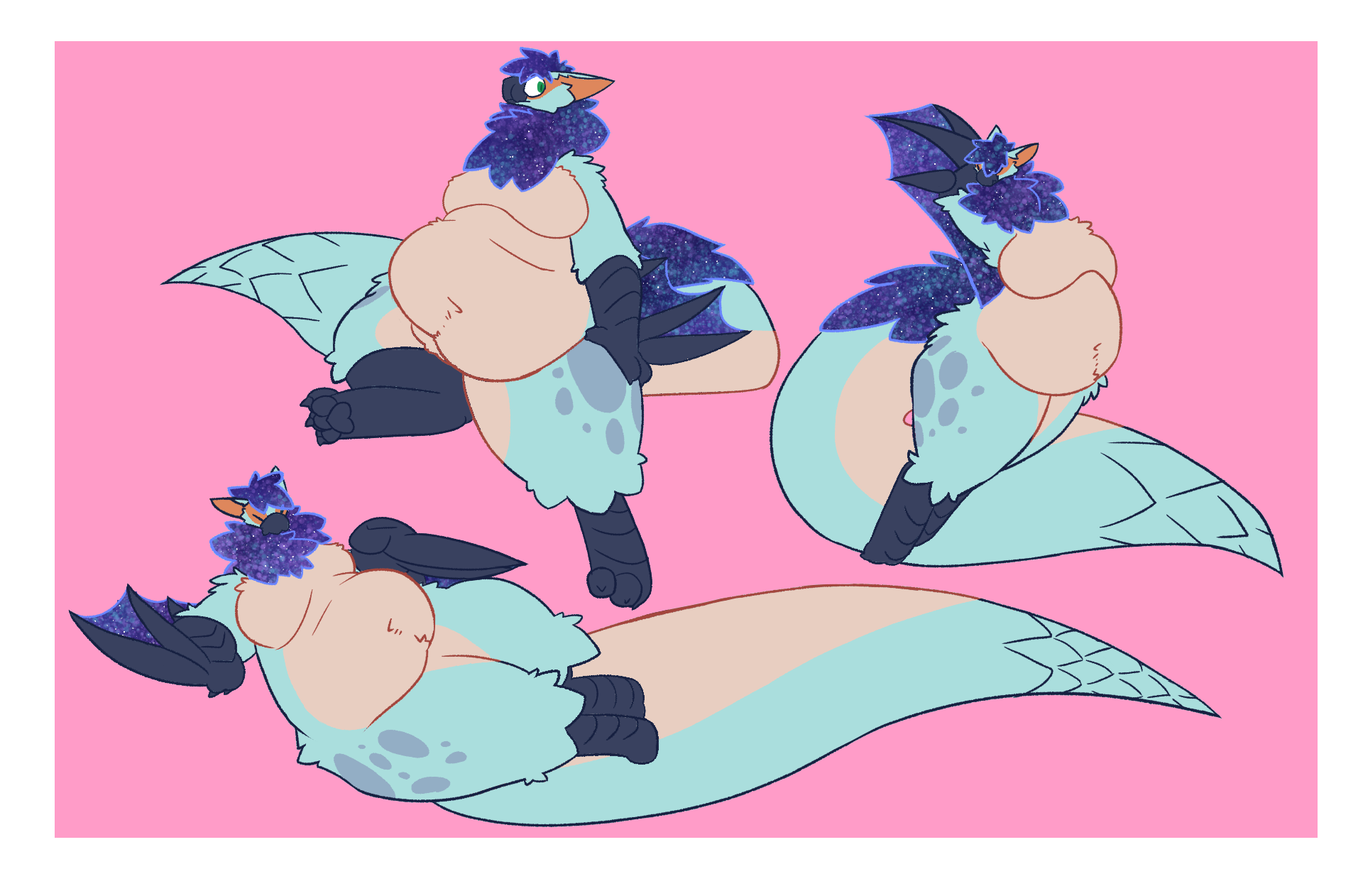 A sketch page of Kasomi, a nargacuga, in various poses. They're quite chubby in this one.
