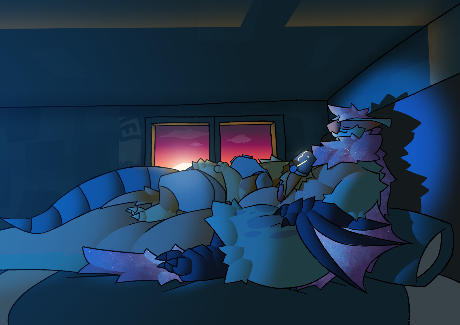 Kasomi, an anthro nargacuga, rests in bed with 4NDI, a protogen, who's sleeping on top of him.