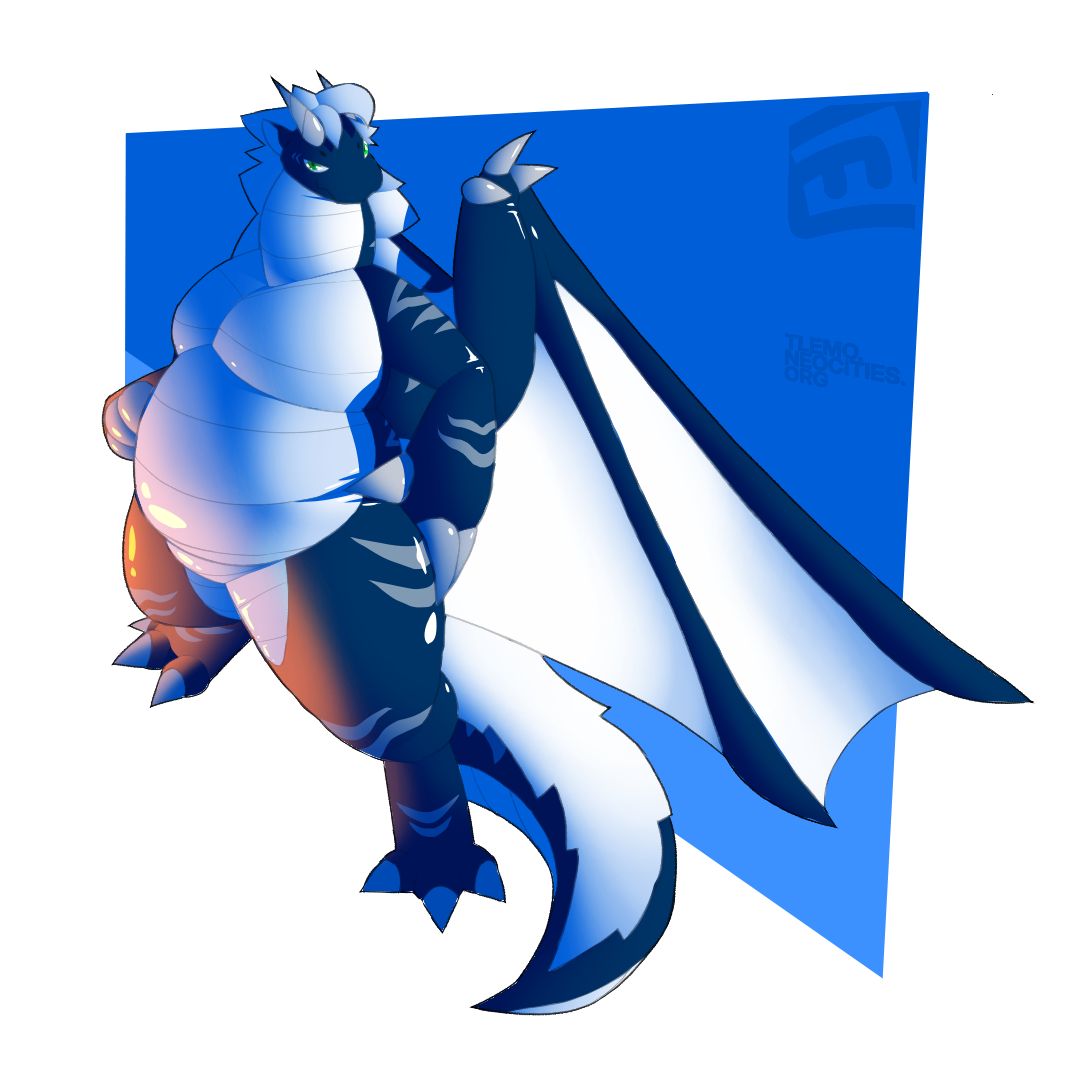 Draggo, a blue anthro dragon, looking at the viewer with sass in his face. He is lit to the side by an orange light-- his front, by a white light.