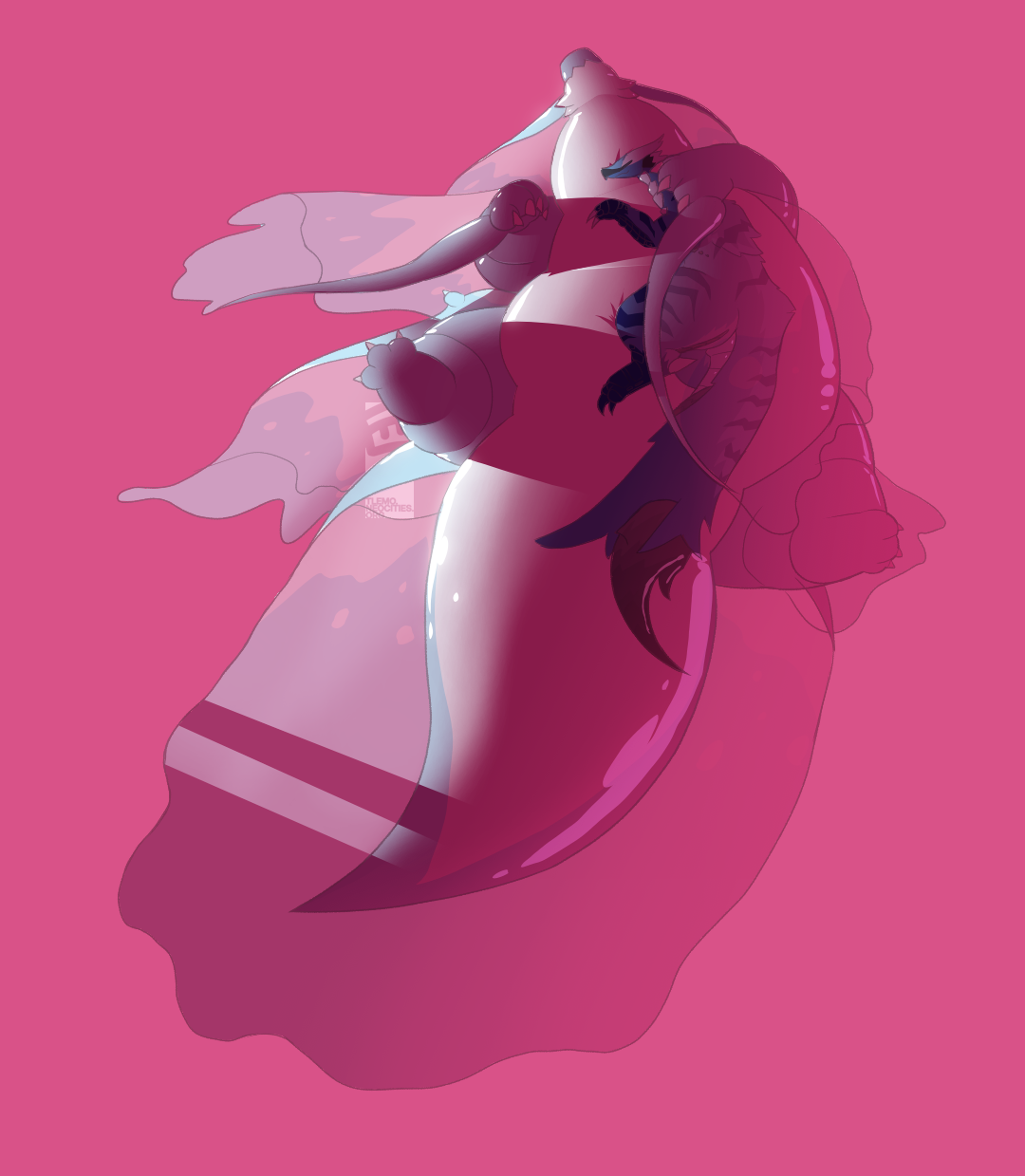 Rendered drawing of an Uth Duna resting with a Great Izuchi laying on its stomach. The Duna covers the Izuchi with the veil on it's arm.