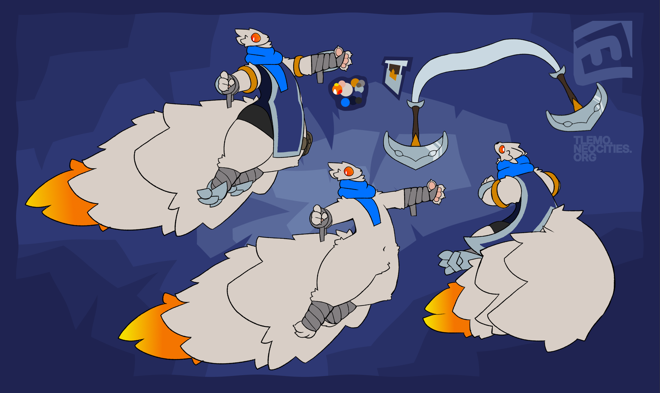 Reference sheet for an experiment OC, featuring them in clothes and armor, along with their weapon-- a set of two blades strung together by a thick silk rope.