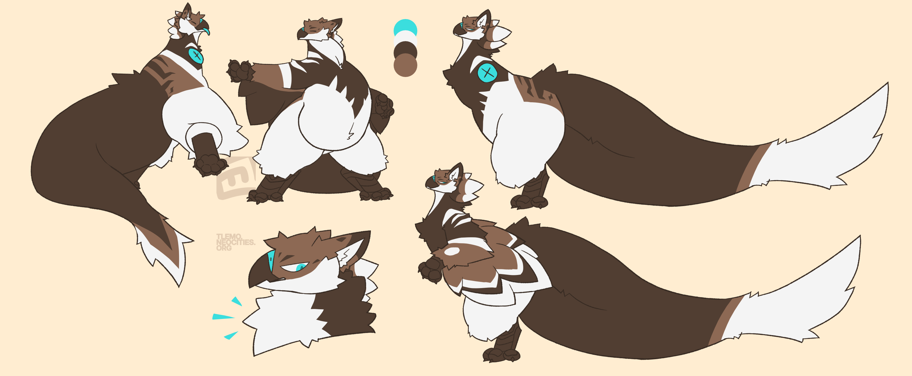Reference sheet for Fab, a raptor-like avian.