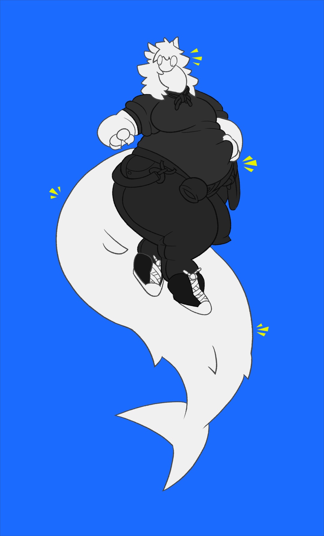 Drawing of a fat anthropomorphic white shark with hair. They are startled by their weight.