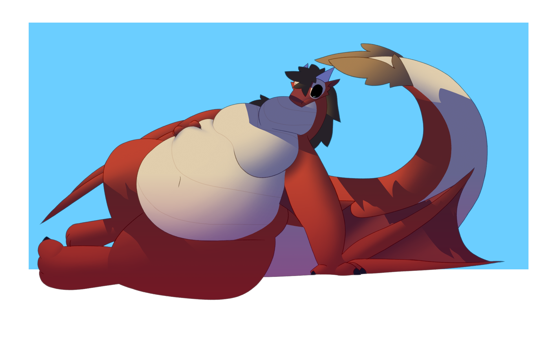 Drawing of Gannet, a red anthropomorphic wyvern. They're squishing their tummy, shocked by their own size.