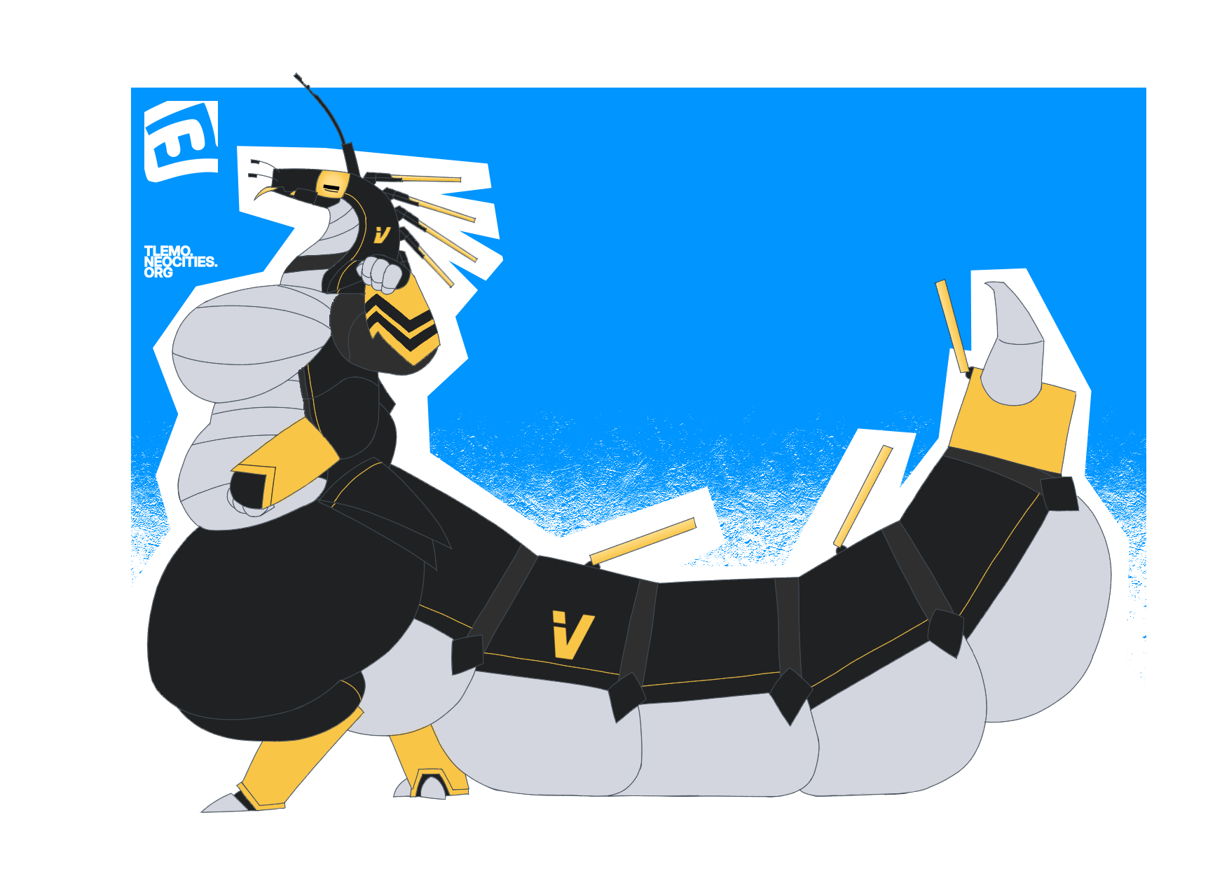 Drawing of Ivy, an anthropomorphic bug-robot, stretching as her abdomen drags behind her feet.