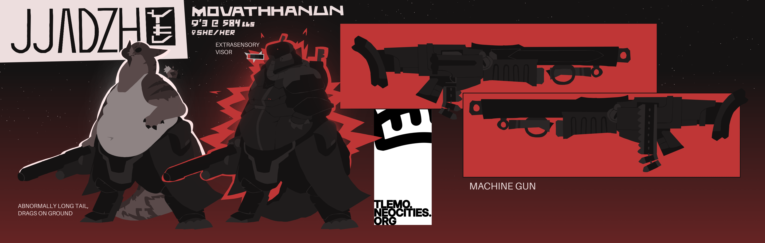 Reference sheet for Jjadzh, a female movathhanun, with drawings of her, her armor, and her machine gun.