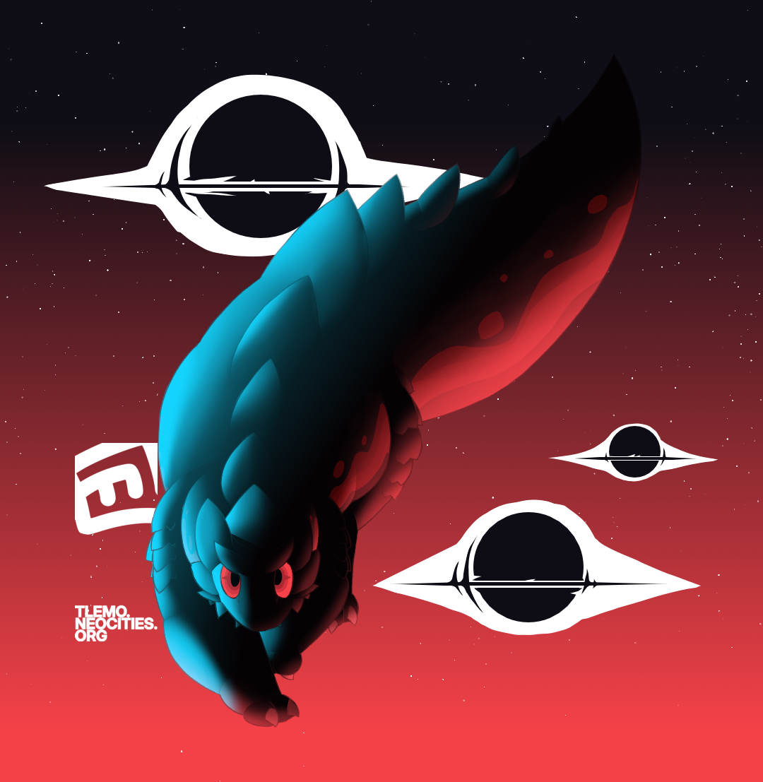 Kingsley, a sona of TheBevil, prowling through space and staring at the viewer. He is flanked by three black holes.