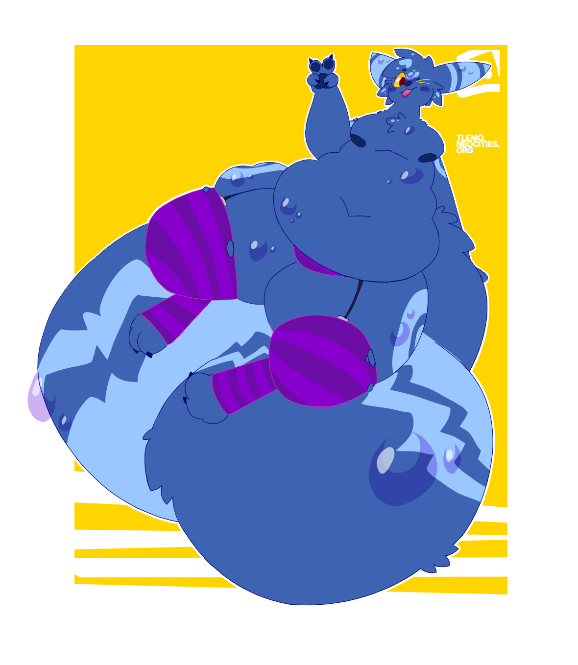 Drawing of Lastminute's sona-- a blue-ish Umbreon with drops of purple poison oozing out of their fur. They're giving a peace sign and sticking their tongue out to the viewer.