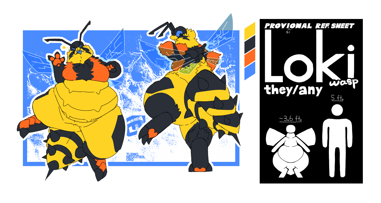 Ref sheet of Loki, a pudgy anthropomorphic wasp with blue eyes and hints of orange.