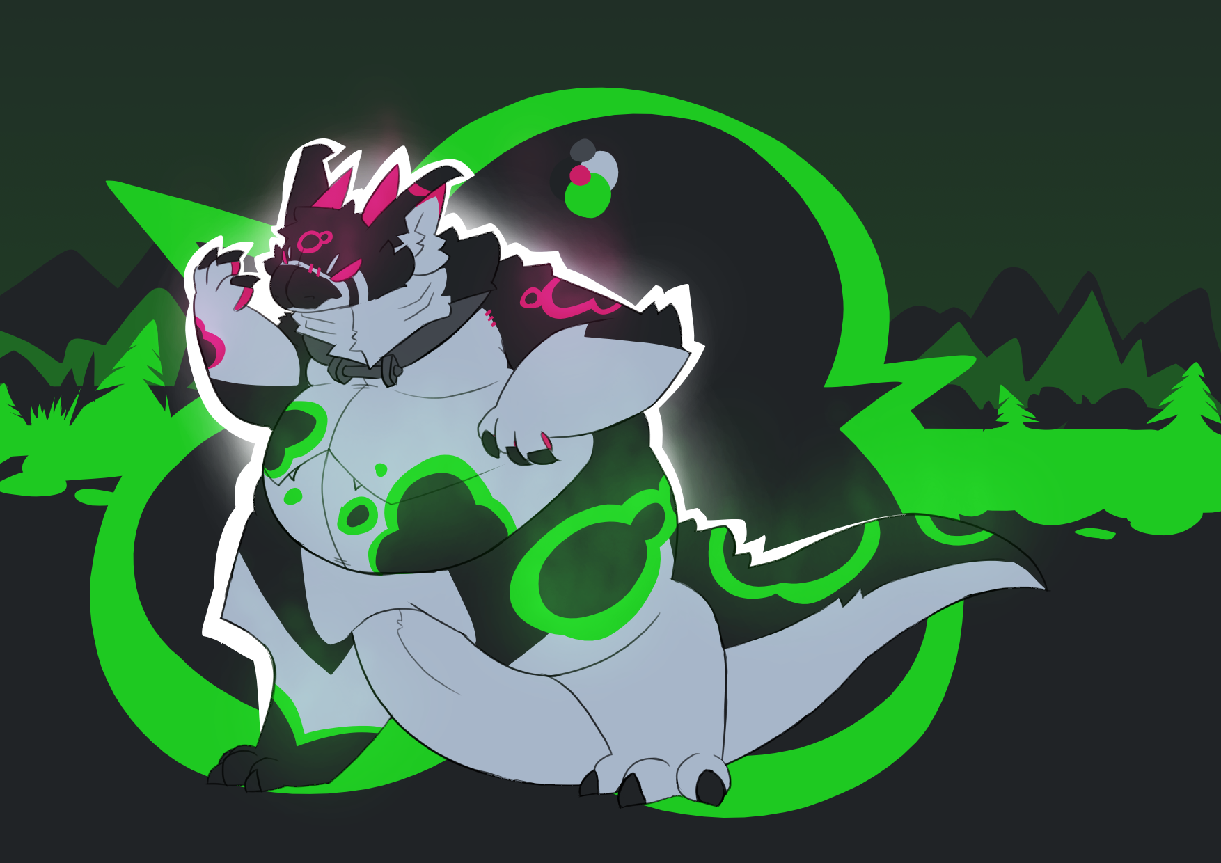 Drawing of Malic, a fat leathersaur with a shackle around his neck.