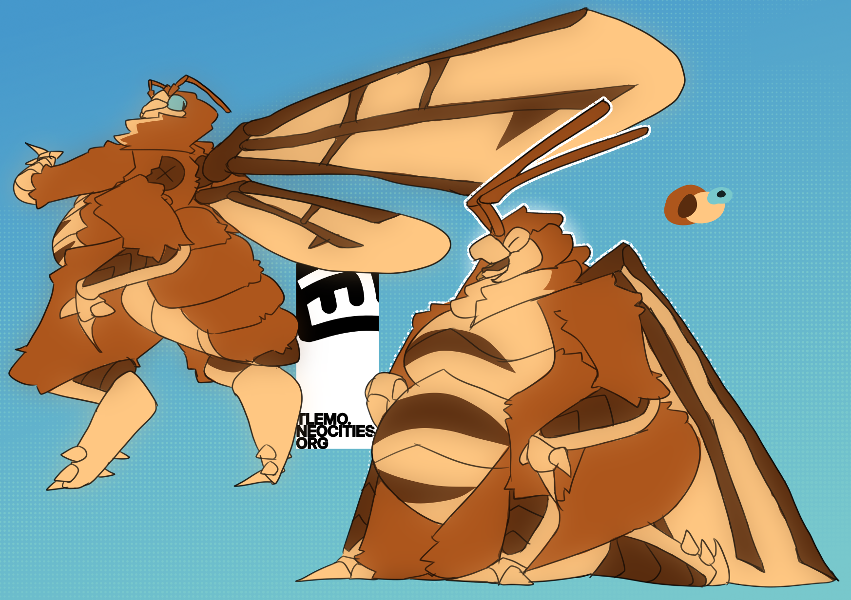 
		Drawing of a bee-esque character. She has four wings, is hairy, and is somewhat fat. There are two dark stripes on her stomach and one on her chest. <br>
		Left, she has her wings extended and she is looking at them with her upper arm raised. <br>
		Right, she's on her knees, has her wings folded, and has a happy look on her face, mouth open.
		