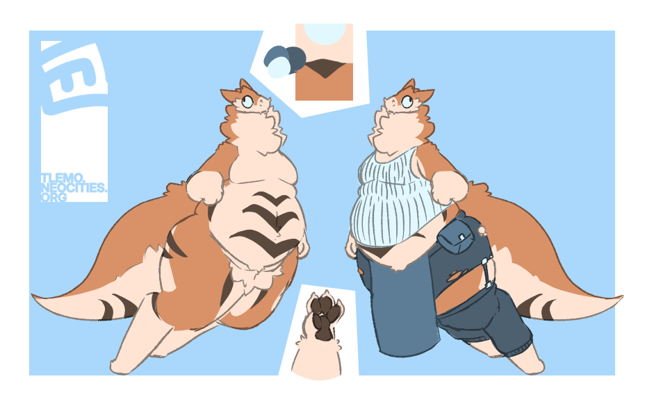 Reference sheet of Maria, a female thanun. One drawing is of her naked, showing the patterning on her legs, stomach, and tail. The other shows her wearing a Mmun kilt, a tank top, shorts, and legwarmers that are clipped onto the shorts. One last drawing shows her hand paws.