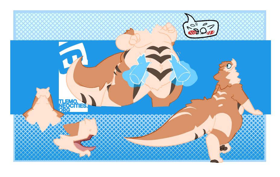 Reference sheet of Maria, a female thanun. One is of her stomach getting rubbed, causing her to get flustered. Another shows her rear view, showing the patterns on her tail and back. Last two are shots of her mouth; one from below, and one being a side mawshot.