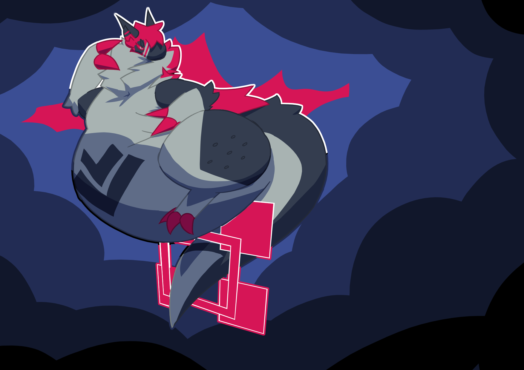 Drawing of Sebastian, a cloudbeast, floating amidst thunderclouds.