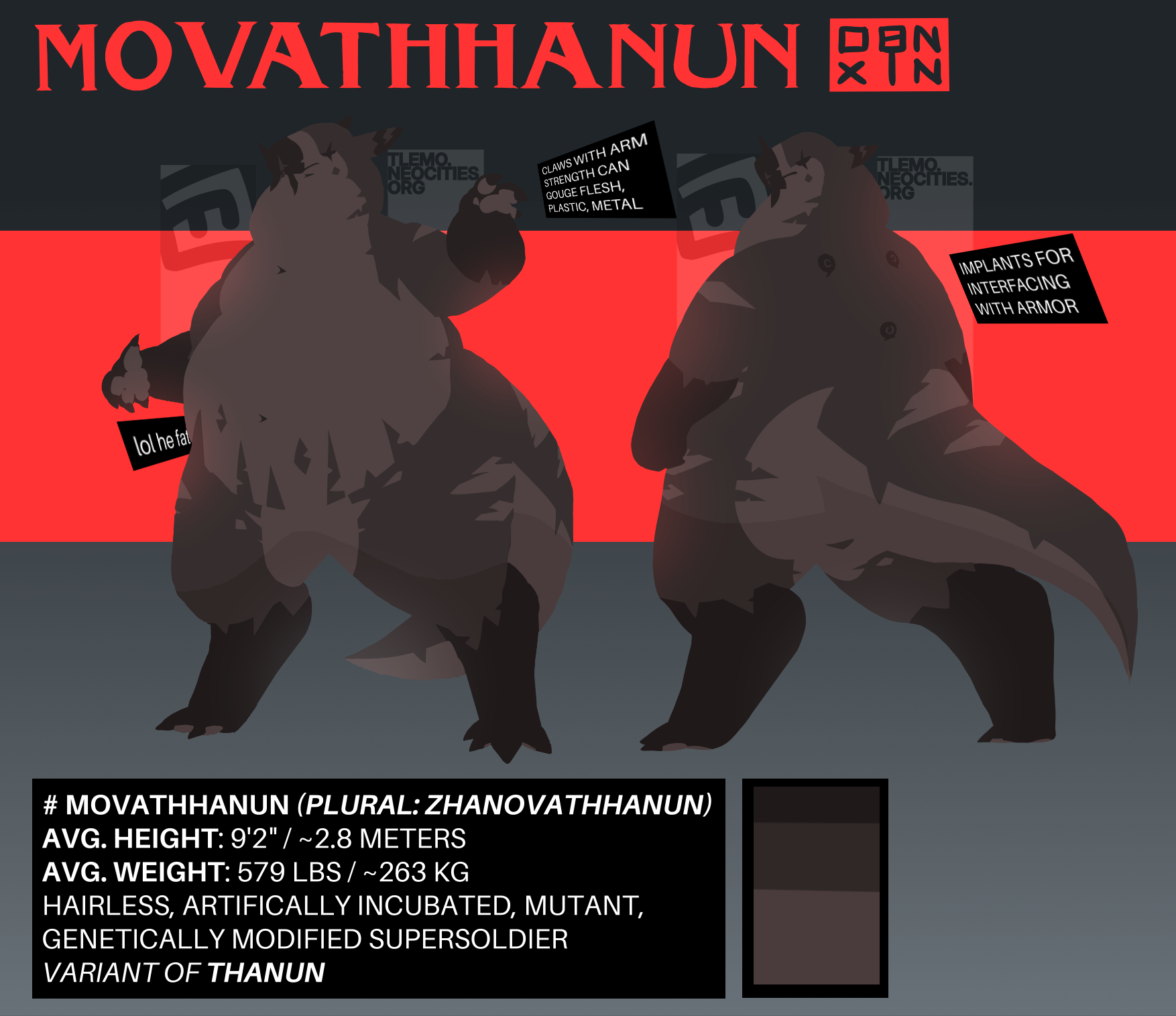 A reference sheet featuring a fat movathhanun, a species of furry biped aliens, with a front and back view.