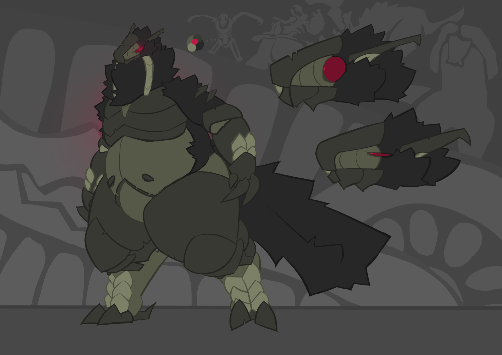 A giger-esque furry alien with a insectoid face and a fluffy tail.