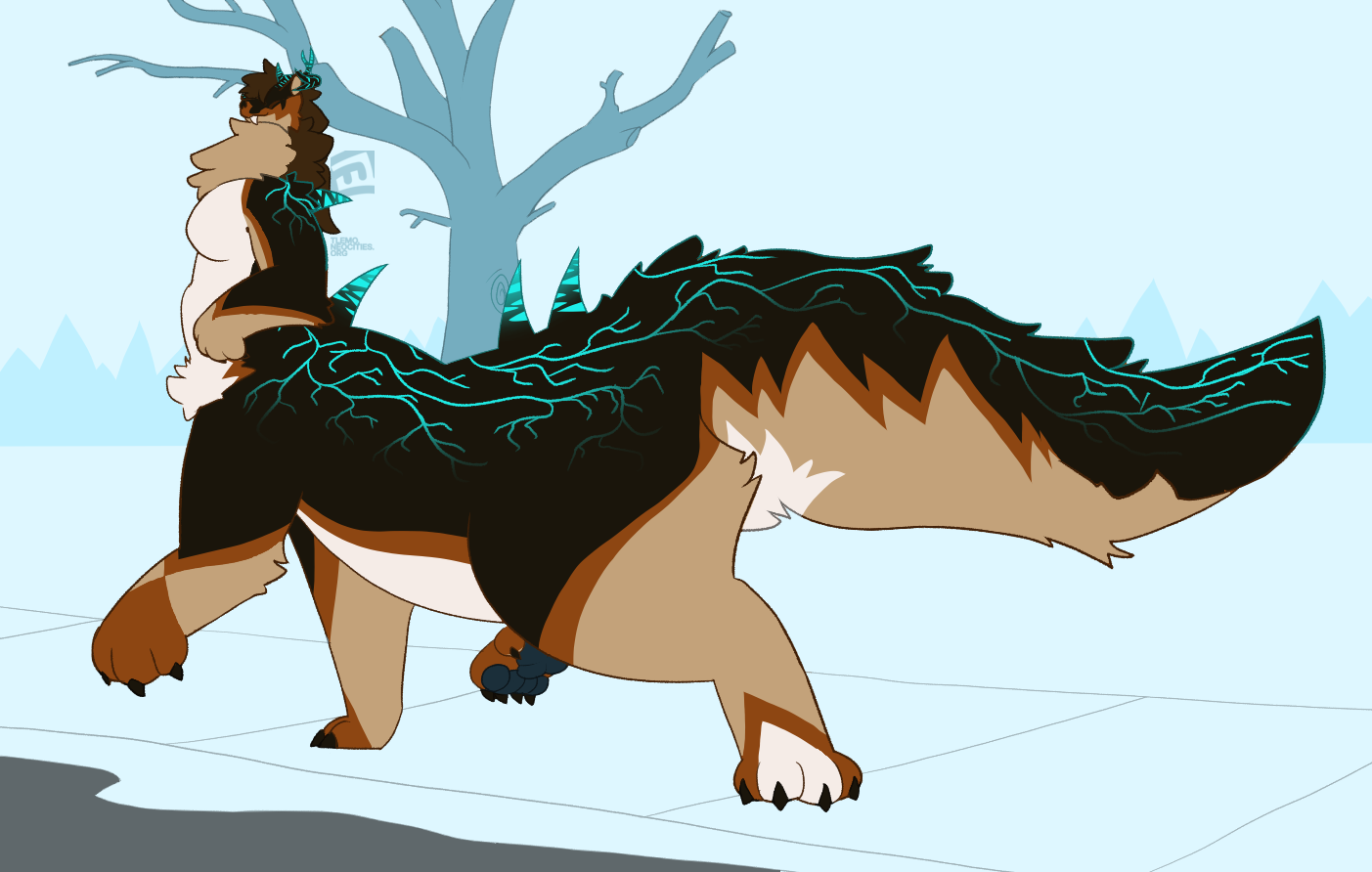 Drawing of a canine taur walking on a snowy sidewalk.