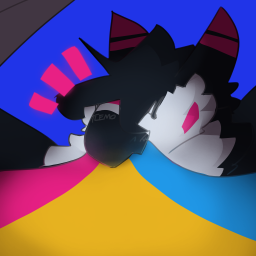 
		Drawing of a happy dragon with a CRT blue background-- it's in a profile picture format. <br>
		His wing is raised to the top-left corner of the drawing. He's biting down on a Pansexual pride flag, which is hung below the camera. 
		It's reflecting onto his snout.
		