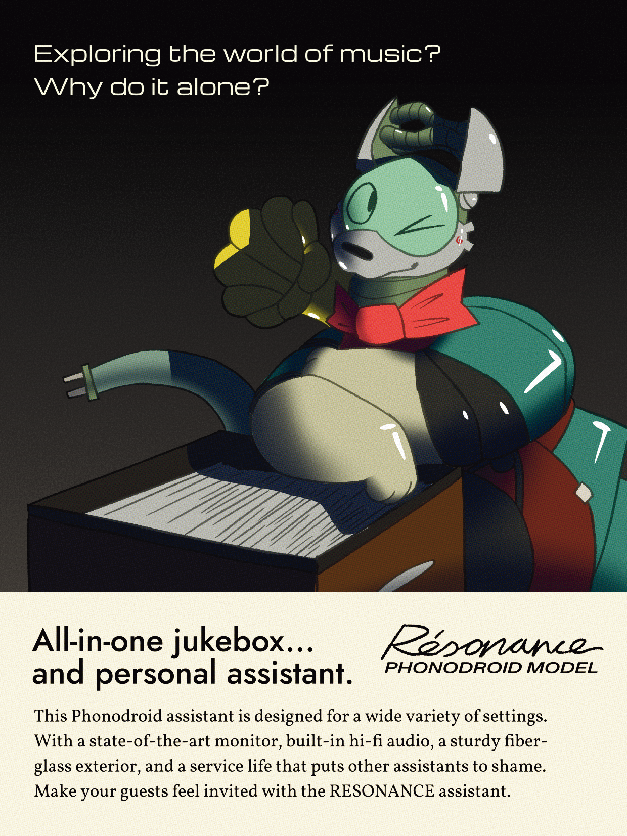 Advertisement for Résonance, a mid-20th century phonodroid; he's looking at you while resting on a vinyl record bin.