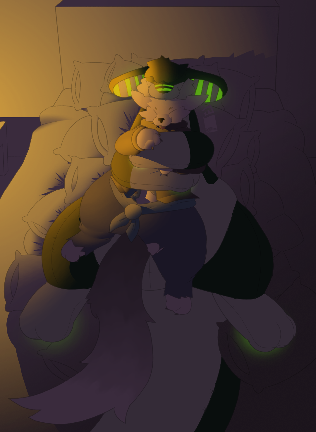 A plush amphimorpho hugs a fox; they're sitting on a bed in a room with only a warm table lamp lighting them.