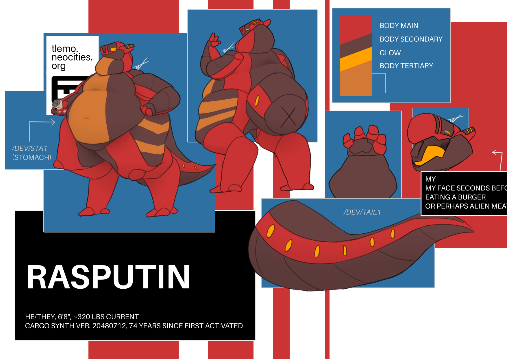 
		From left to right, top to bottom: a fat red synth holding a can (front view); the same synth looking behind itself (back view); his paw; his face, making a gleeful expression; his tail.
		