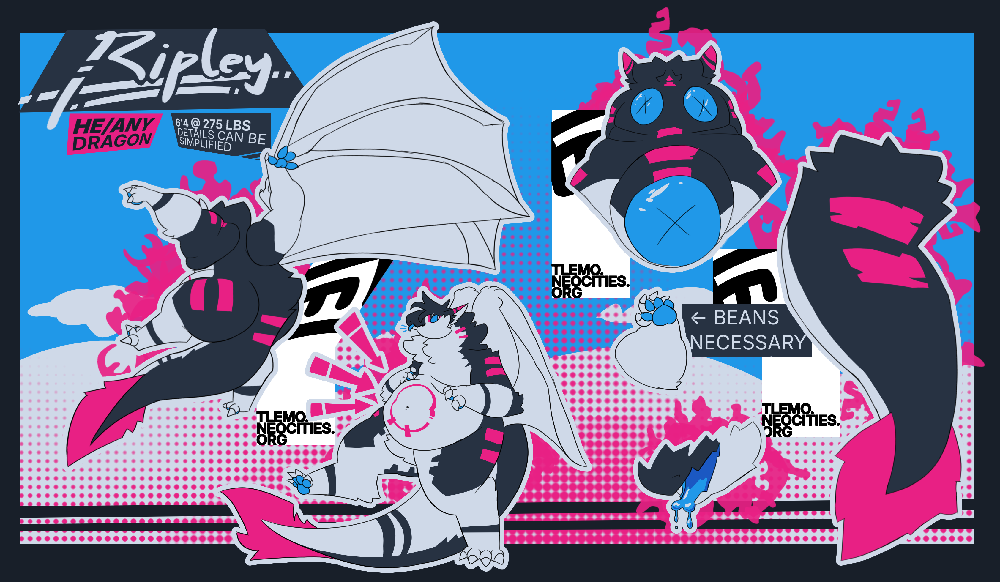 Reference sheet for Ripley, a furred dragon, including back and front views.