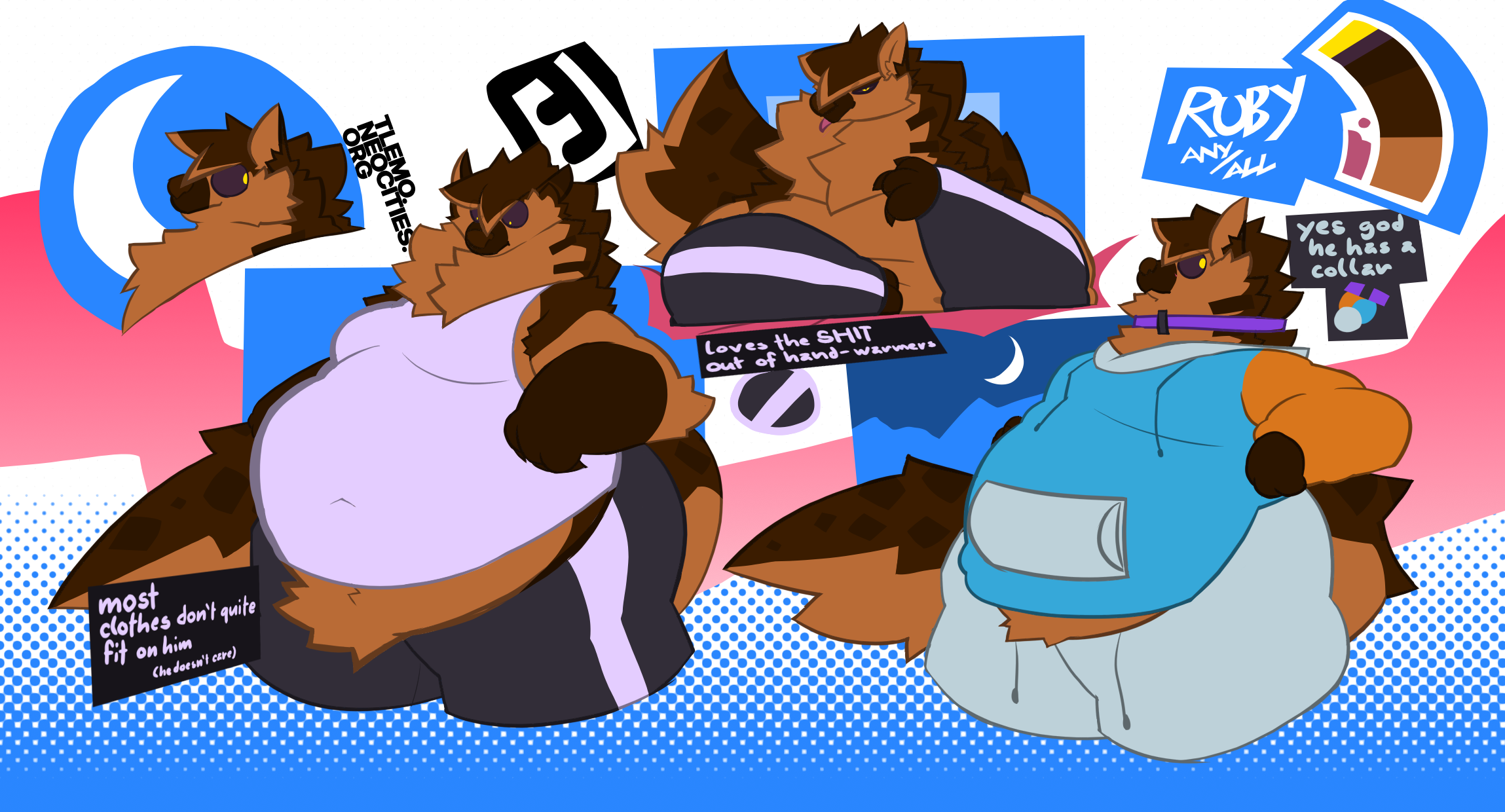 Various drawings of Ruby, a fat lycanthrope; side view of his head, him in shorts and an undersized tank-top, him wearing fingerless gloves while laying on a bed, and him wearing a hoodie, a collar, and sweatpants.
