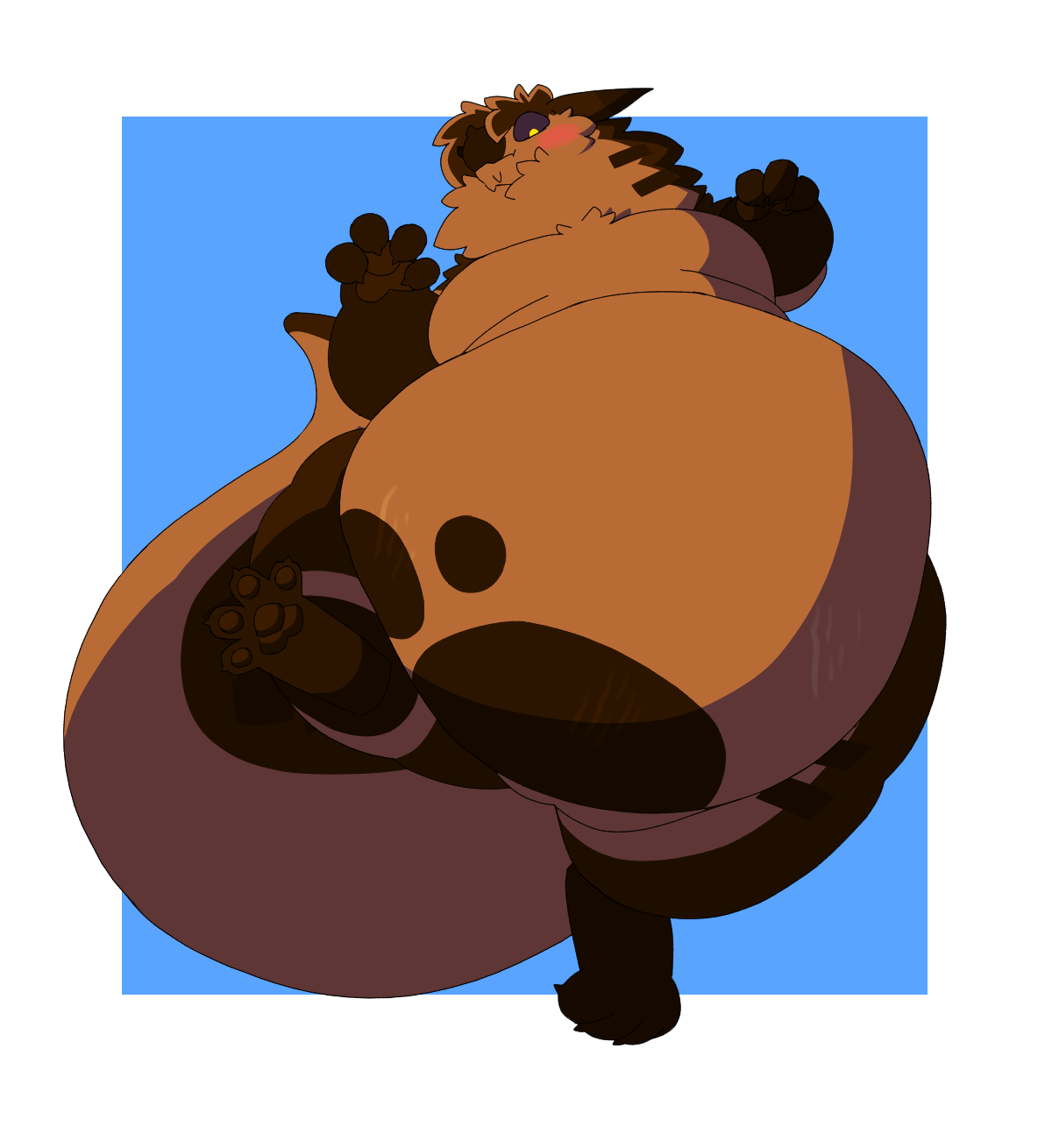 Drawing of Ruby as a thanun; they're flustered by their new and quite rotund form.