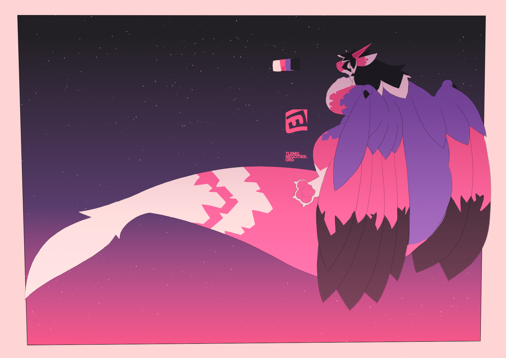 Drawing of Sera, an anthropomorphic dragon, flying beneath a night sky.