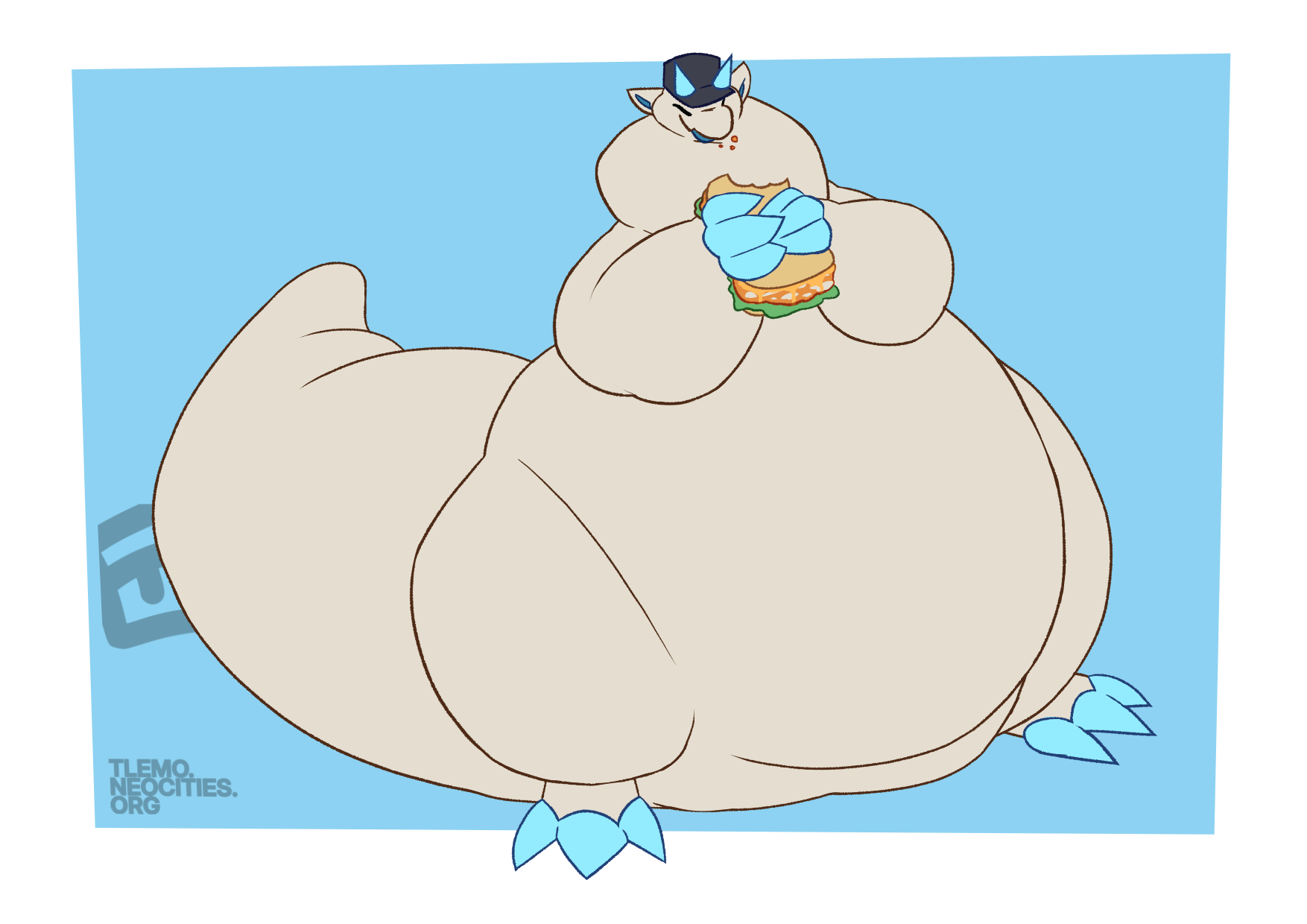 A demon dragon eating a sandwich while standing upright.