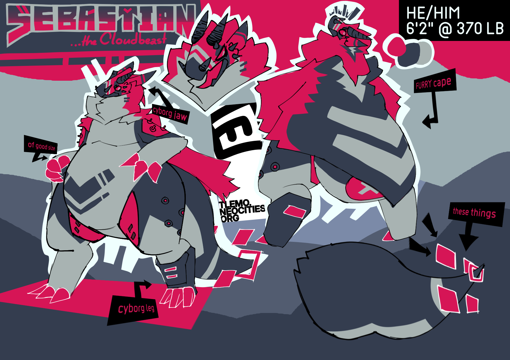 
		From left to right: a fat Cloudbeast with a cybernetic foot and jaw, plates on the inner thighs and shoulders, and horns on its jaws, snout, and head; a bust of the same Cloudbeast with it's mouth open; the Cloudbeast with its back turned towards the camera; the Cloudbeast's tail.
		