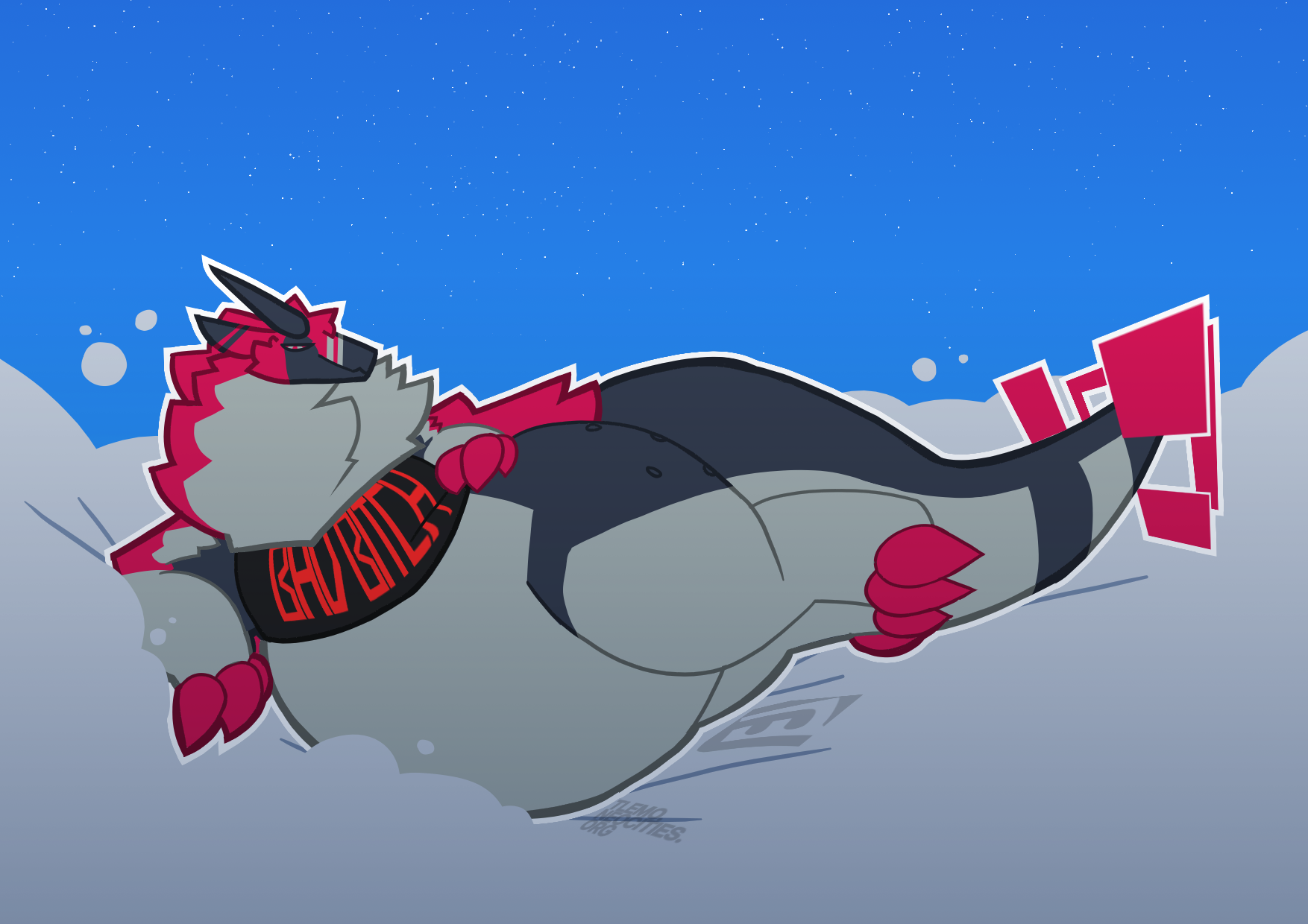 Drawing of Sebastian, a cloudbeast, laying on a cloud as if it were a bed. They're wearing a shirt that says 'BAD BITCH'.