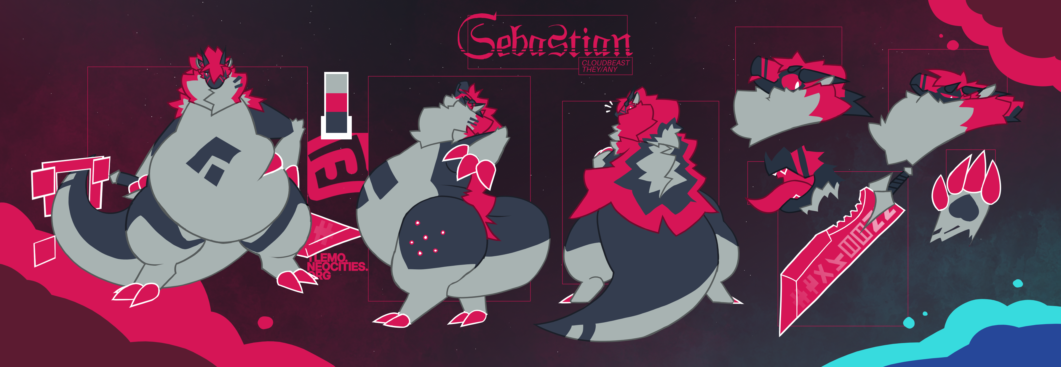 Reference sheet of Sebastian, a pink androgynous cloudbeast.