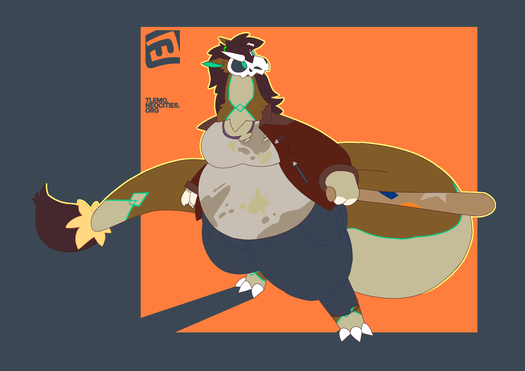 Drawing of Soobs, a skull-wearing dragon with a baseball bat and grungy clothes, looking to her side.
