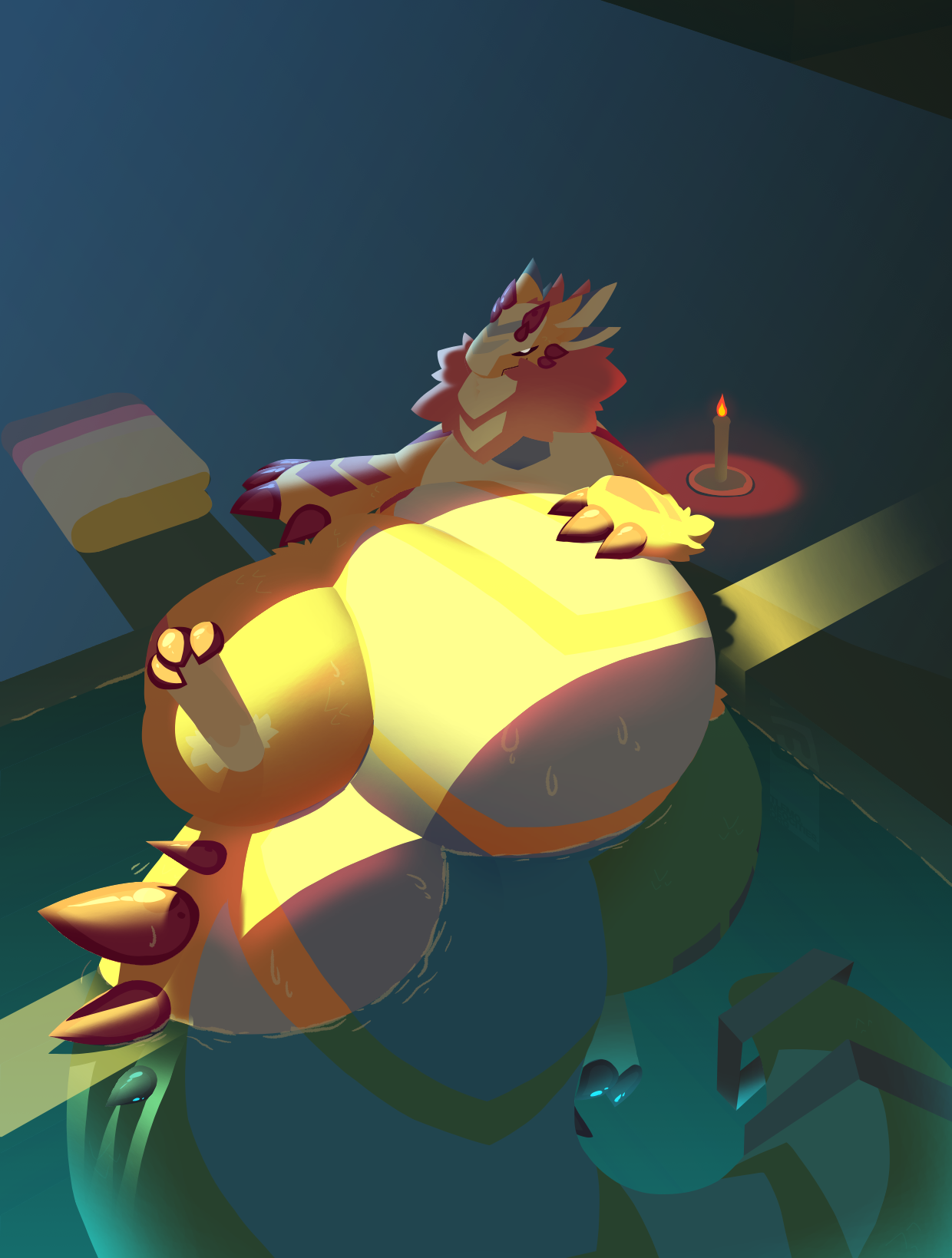 Stratus, a cloudbeast, lounging in one of the baths of a bathhouse. They are lit from behind, from within the water, and by a strip of light from above that cuts over their belly.