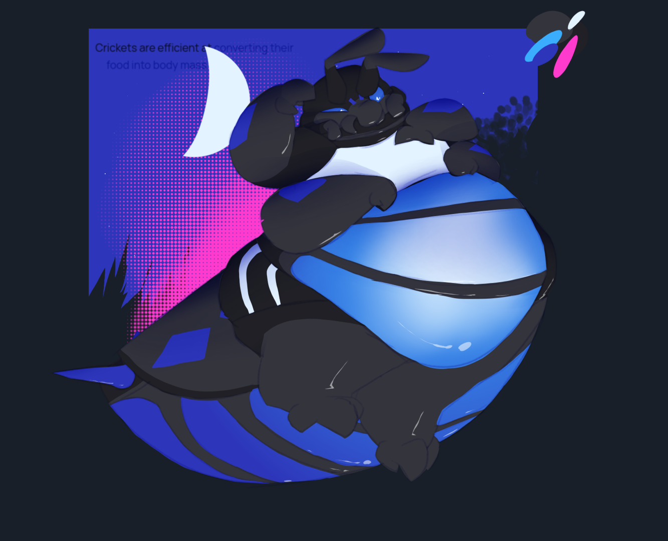 Drawing of a fat anthropomorphic field cricket startled by their own size.