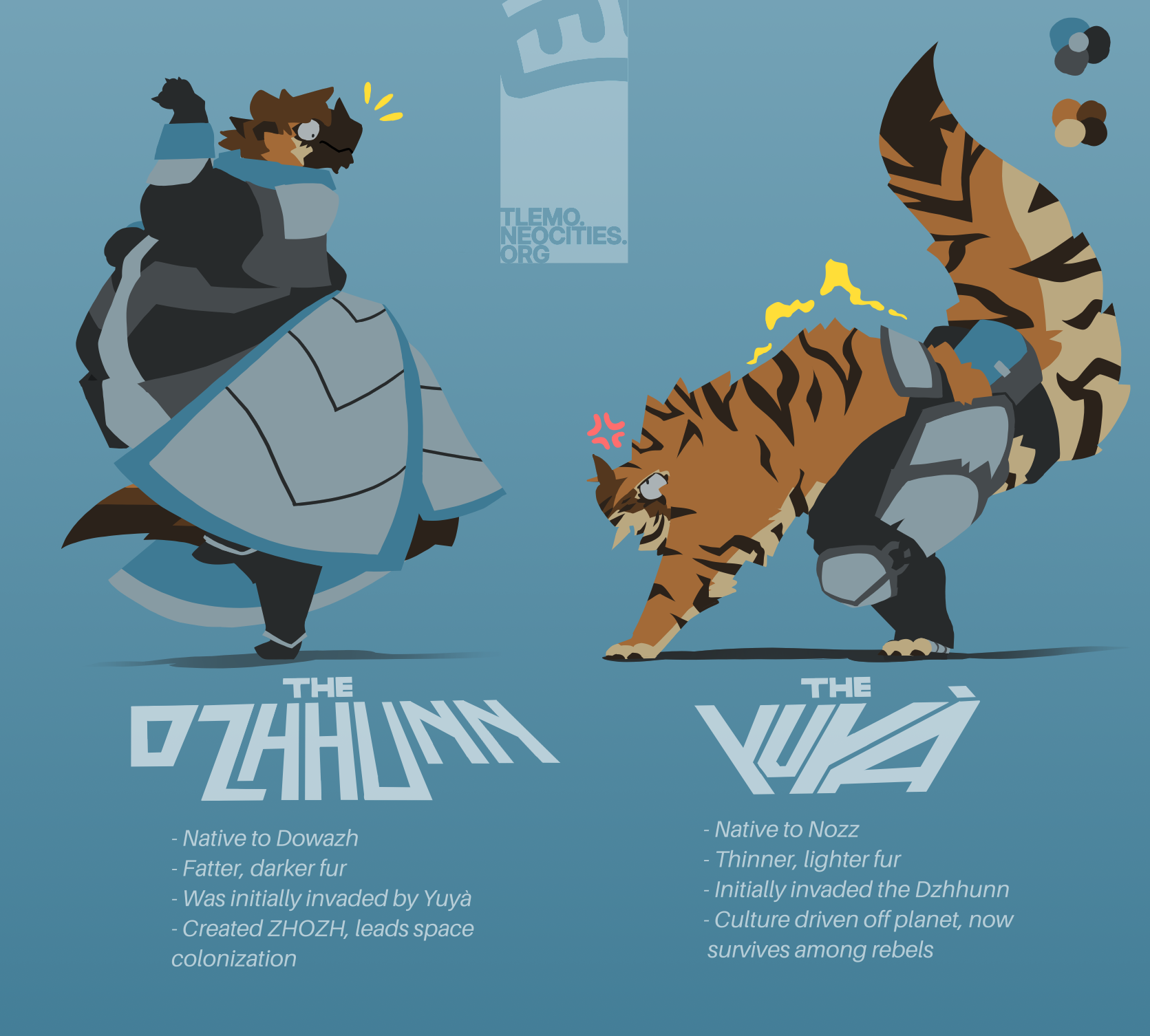 A Mmun thanun being startled by a Yuyà thanun, who's hunched up like a cat