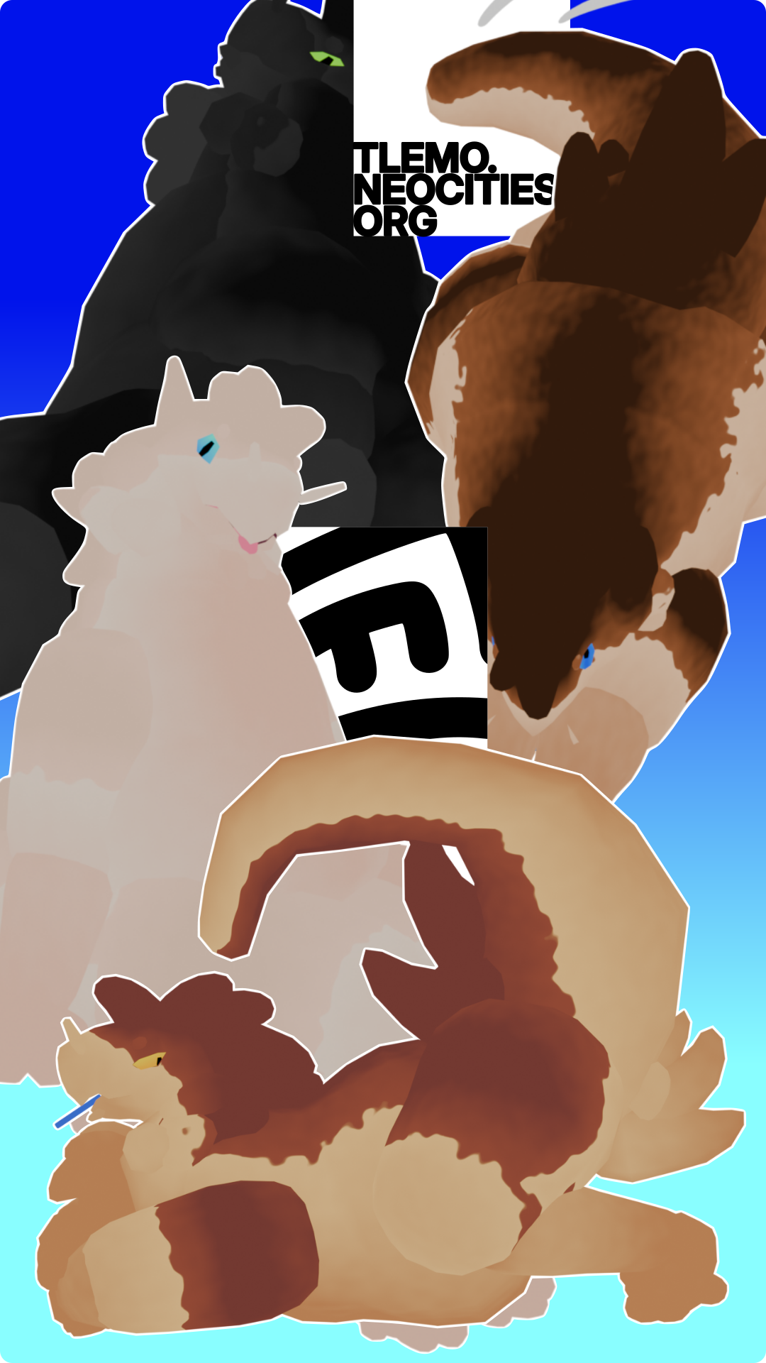 
		From top to bottom: 
		a fat, black-furred Thanun looking at you behind it's back;
		a less fat Thanun looking up at you with its arms and back stretched out;
		a white-furred Thanun lounging and sticking it's tongue out;
		a Thanun laying chest first smoking a Mmun cigarette, looking backwards
		