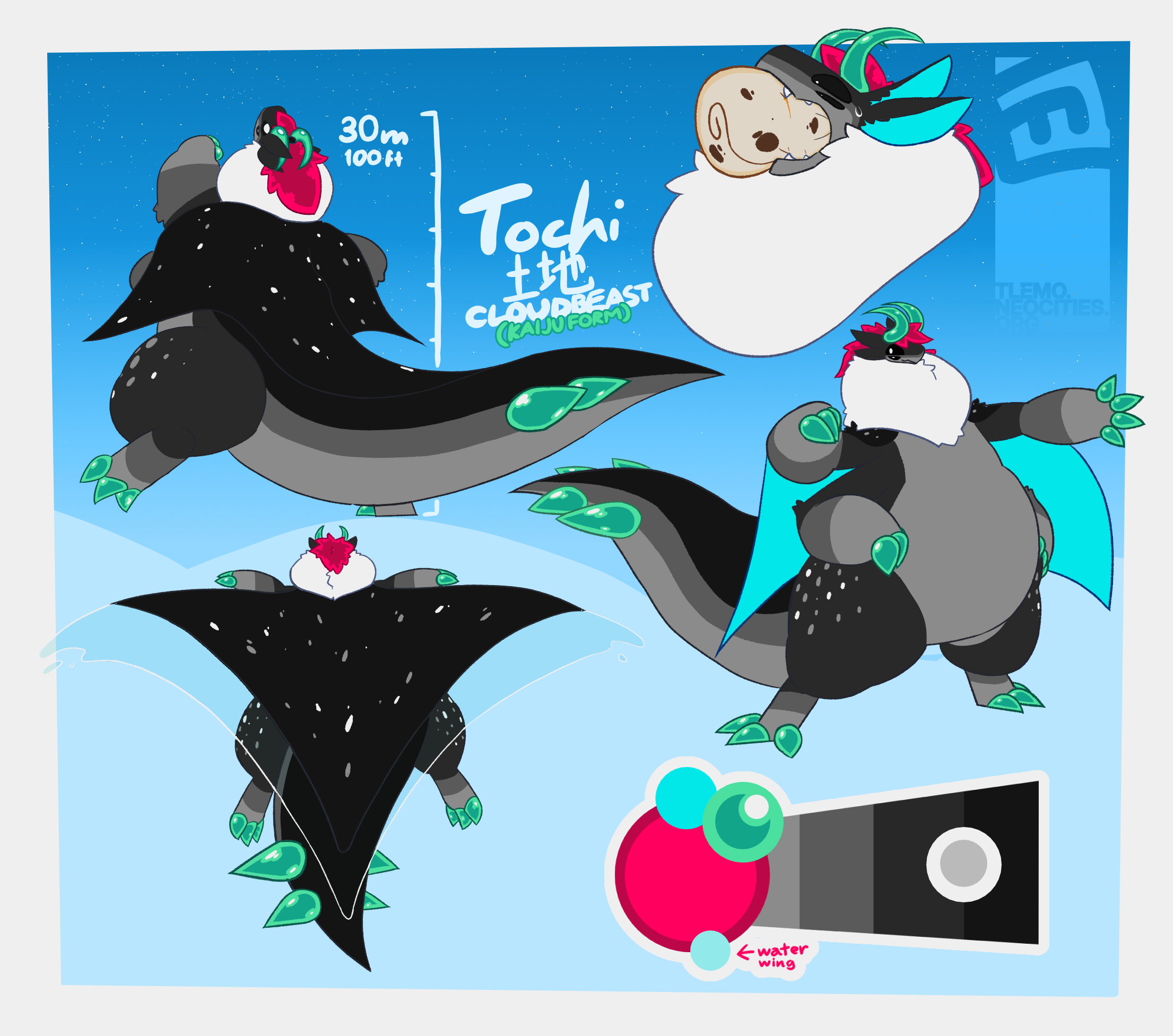Reference sheet of Tochi, a round black and gray cloudbeast with a white dewlap and pink, ponytailed hair. This is their kaiju form; they're 30 meters tall and have turquoise horns and spikes.