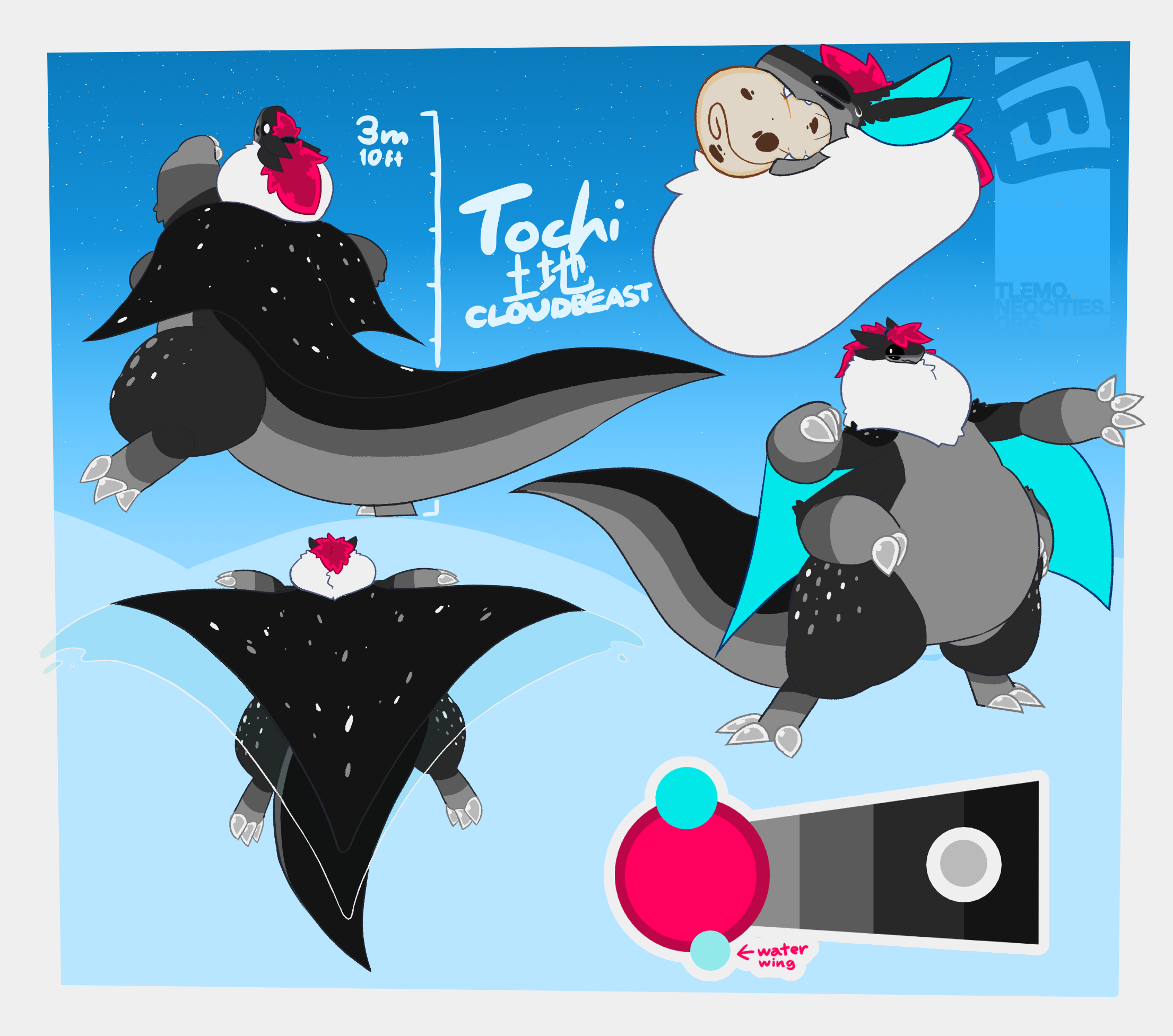 Reference sheet of Tochi, a round black and gray cloudbeast with a white dewlap and pink, ponytailed hair.