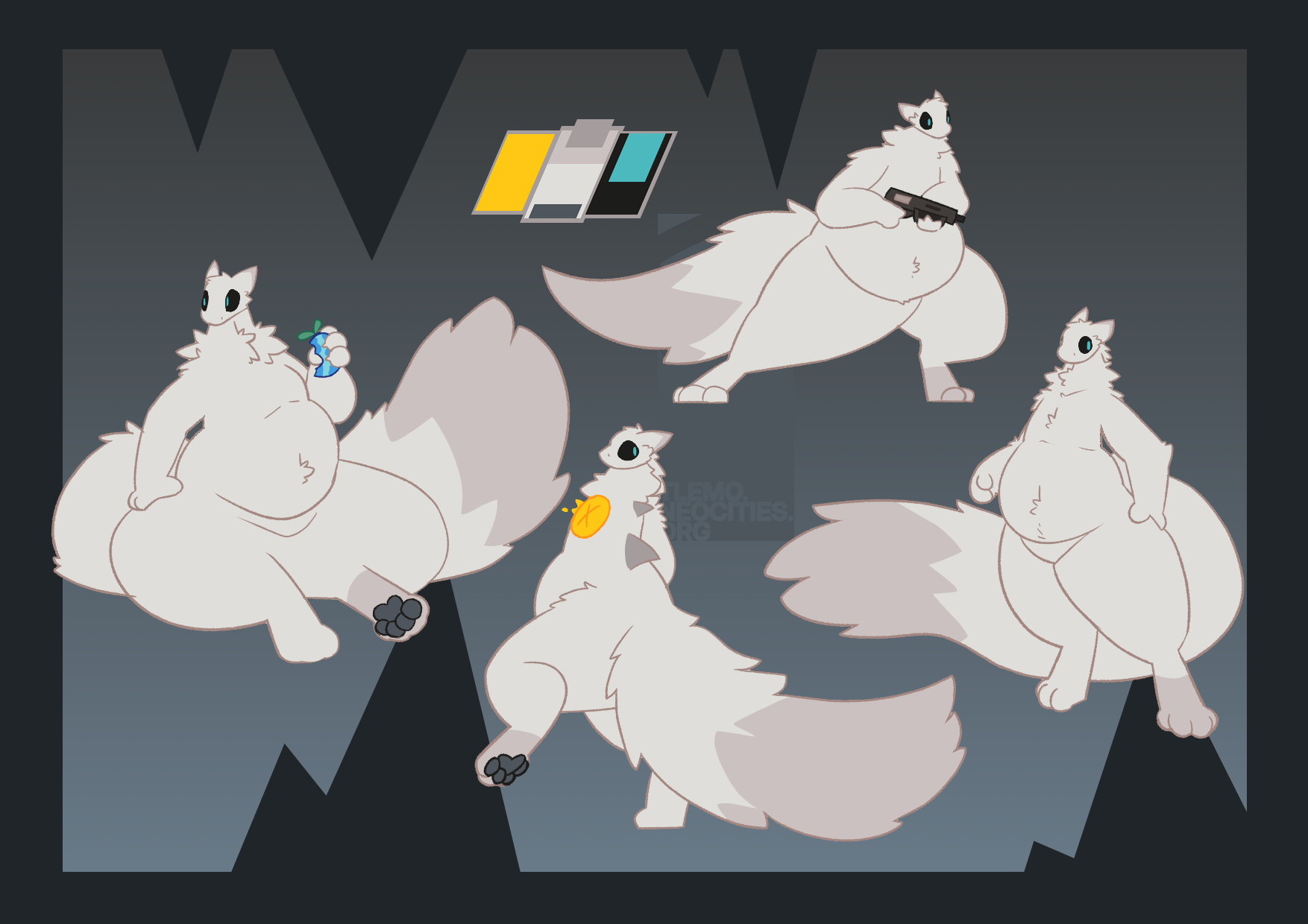 Reference sheet for a slightly paunched milky (Casualties Unknown) wielding a MAG-7.