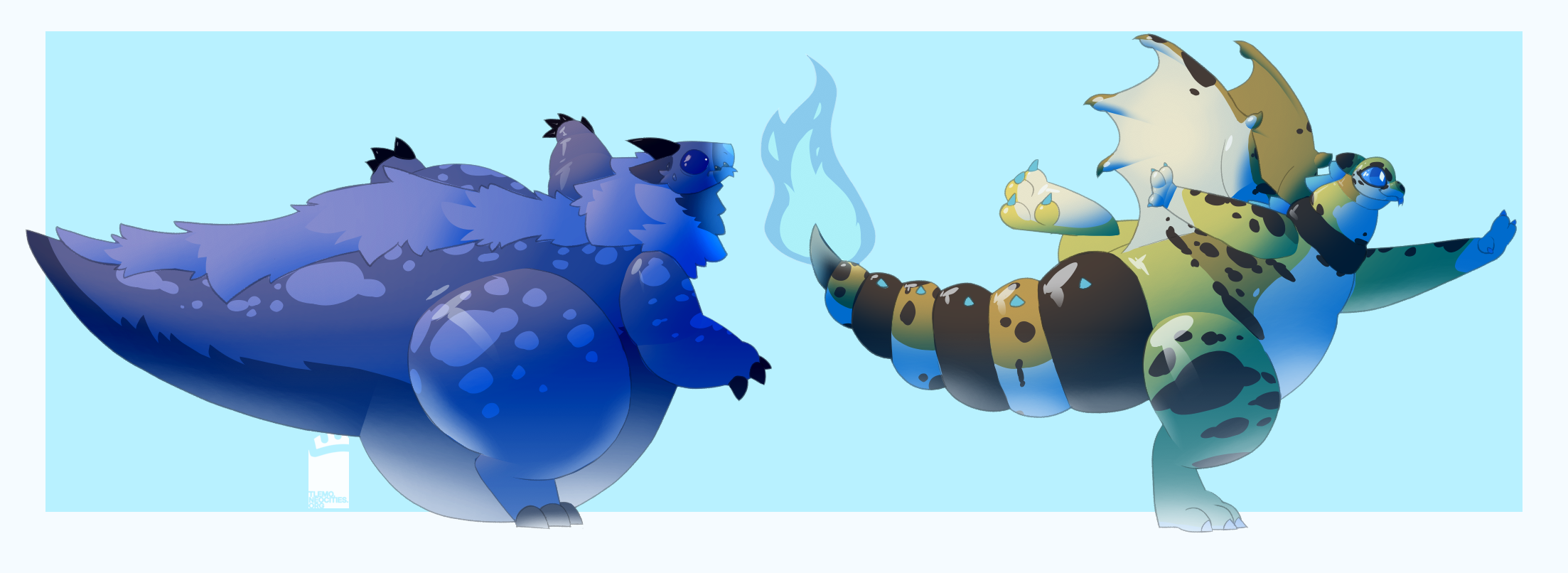 Drawing of two dragons doing yoga by standing on one leg each. The one on the right resembles a gecko and is cluelessly leaning into their stance. The other, a notably rounder dragon, is leaning in as well. Their face is dangerously close to the flame coming out of the tip of the gecko-dragon's tail.